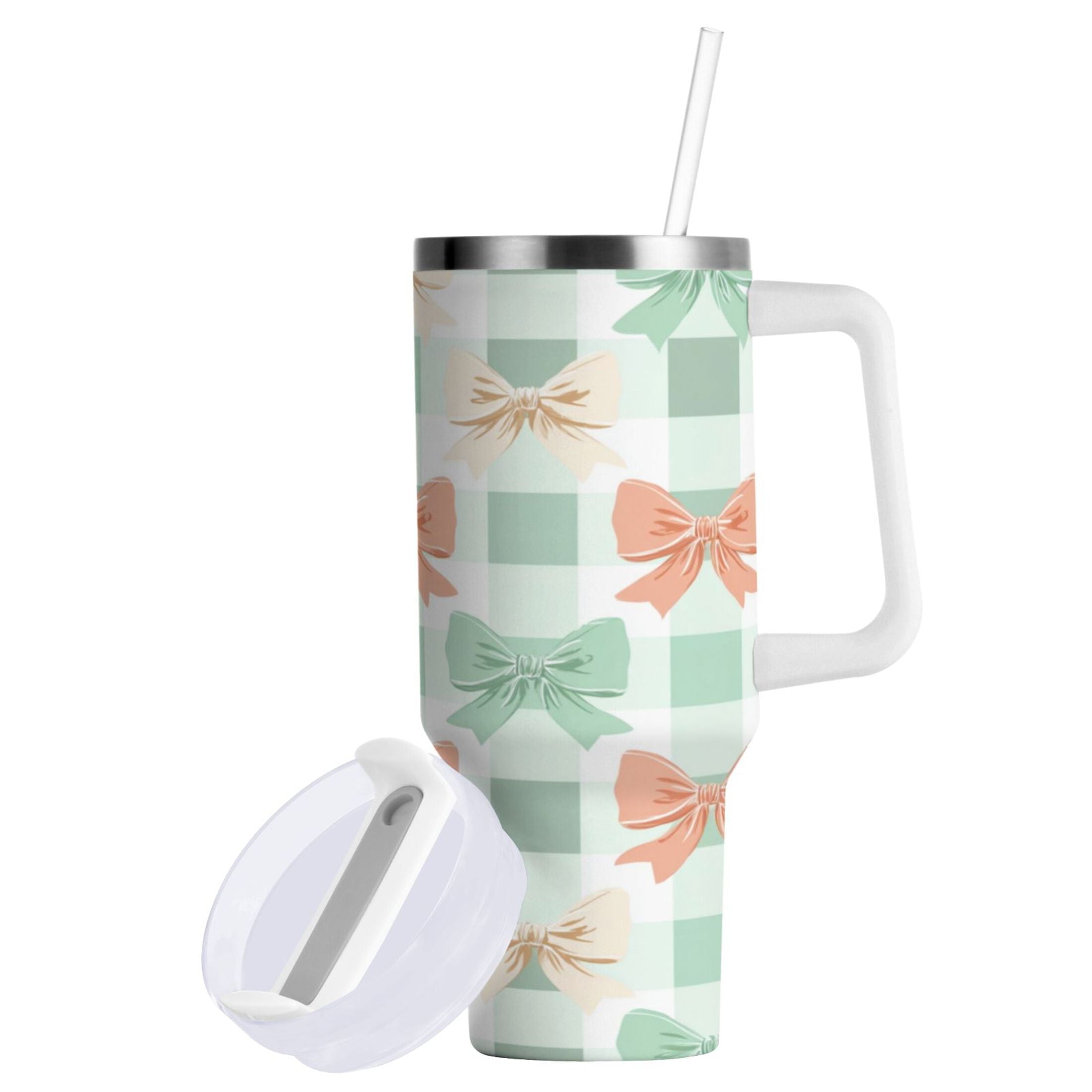 40 oz Insulated Stainless Steel Tumbler Double Wall Stainless Steel Tumbler with 2-Way Drinking Green and Peach Bow Pattern - Choice 304