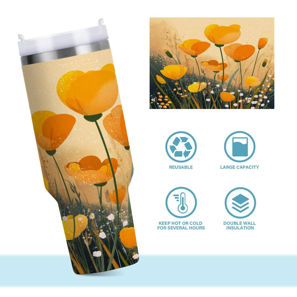 30 oz Insulated Stainless Steel Tumbler Double Wall Stainless Steel Tumbler with 2-Way Drinking Yellow Flowers on The Grass - Choice 300