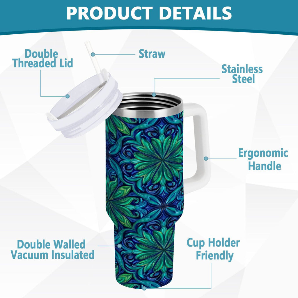40 oz Insulated Stainless Steel Tumbler Double Wall Stainless Steel Tumbler with 2-Way Drinking Elegant Blue Traditional Patterns - Choice 302