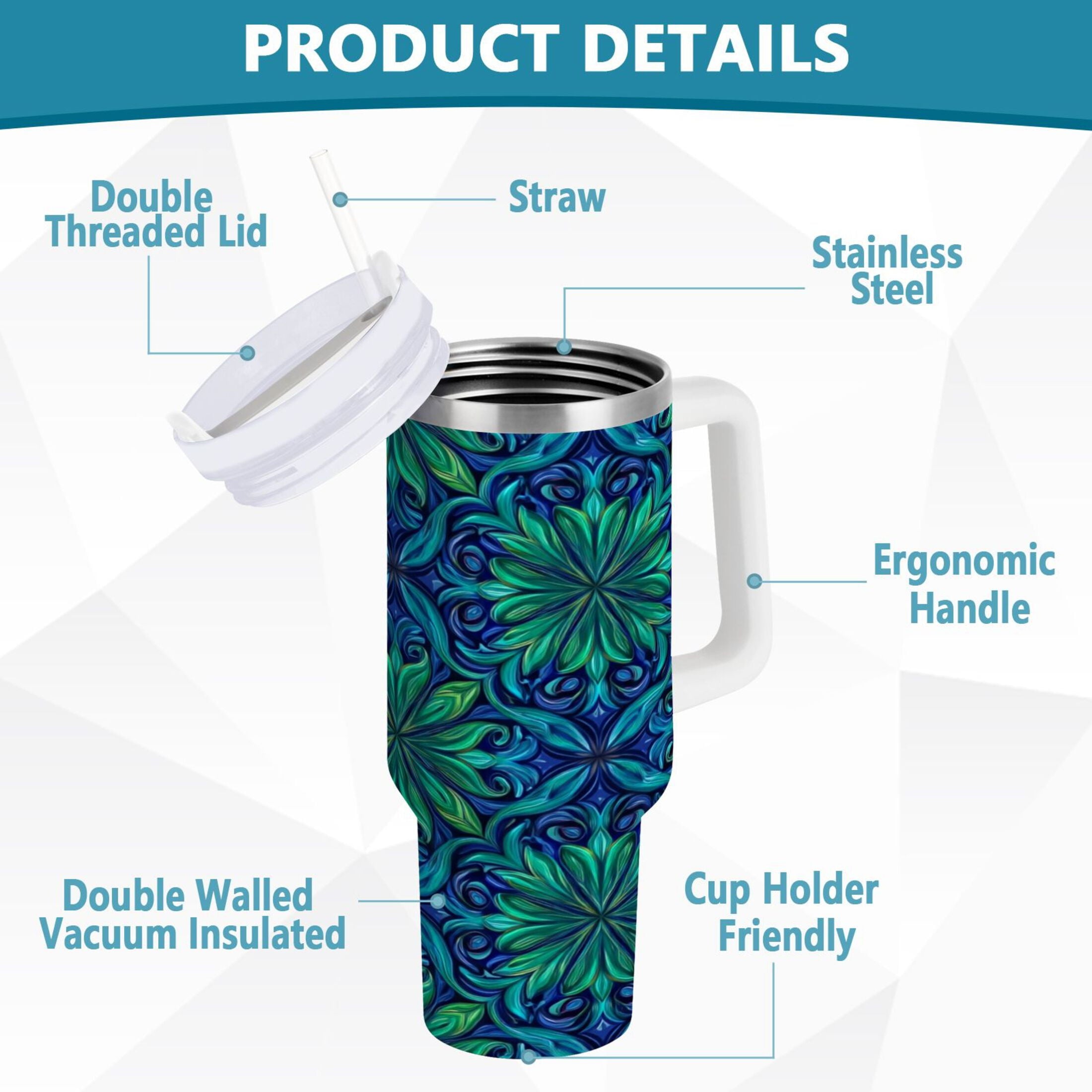 40 oz Insulated Stainless Steel Tumbler Double Wall Stainless Steel Tumbler with 2-Way Drinking Elegant Blue Traditional Patterns - Choice 302