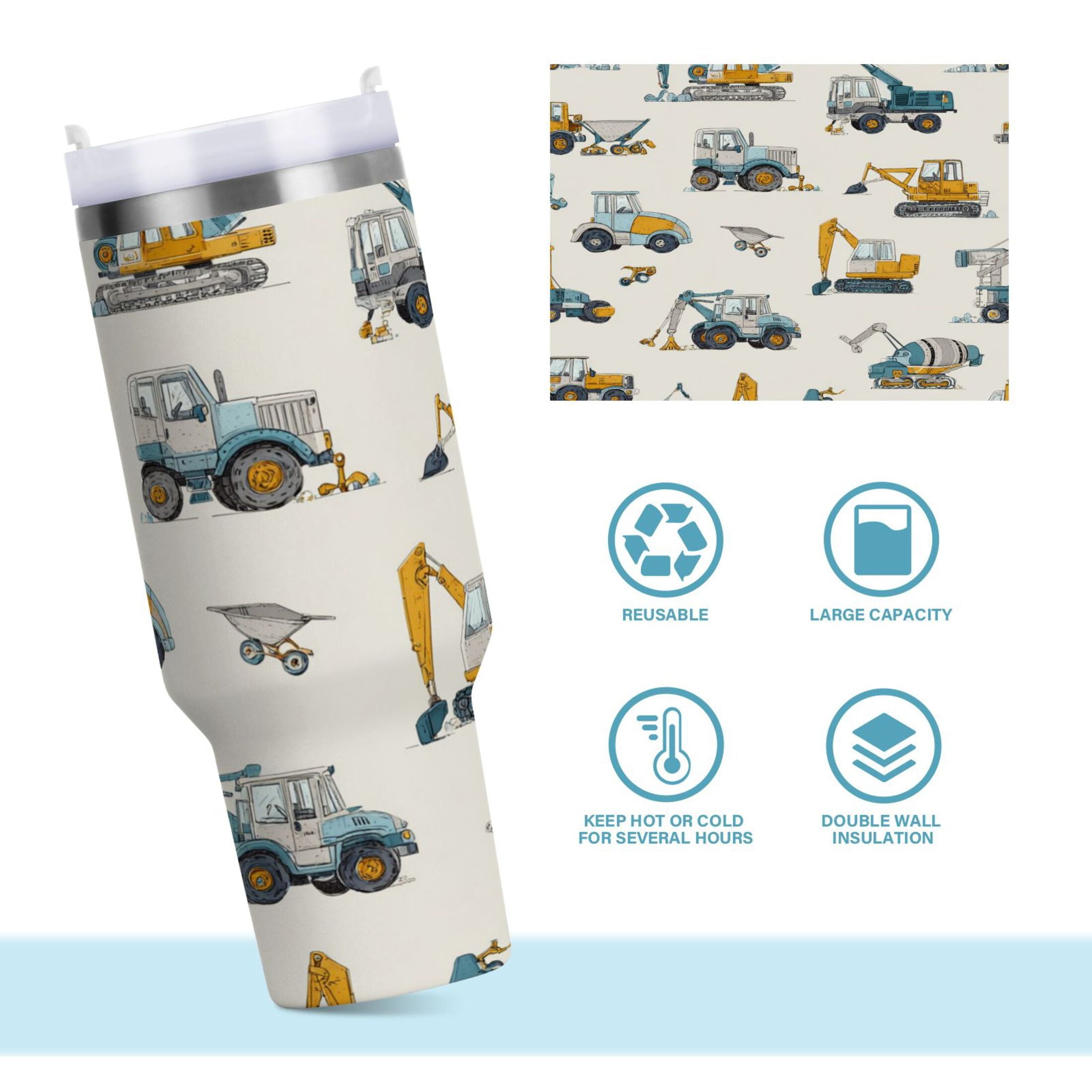 30 oz Insulated Stainless Steel Tumbler Double Wall Stainless Steel Tumbler with 2-Way Drinking Engineering Vehicle Pattern - Choice 742