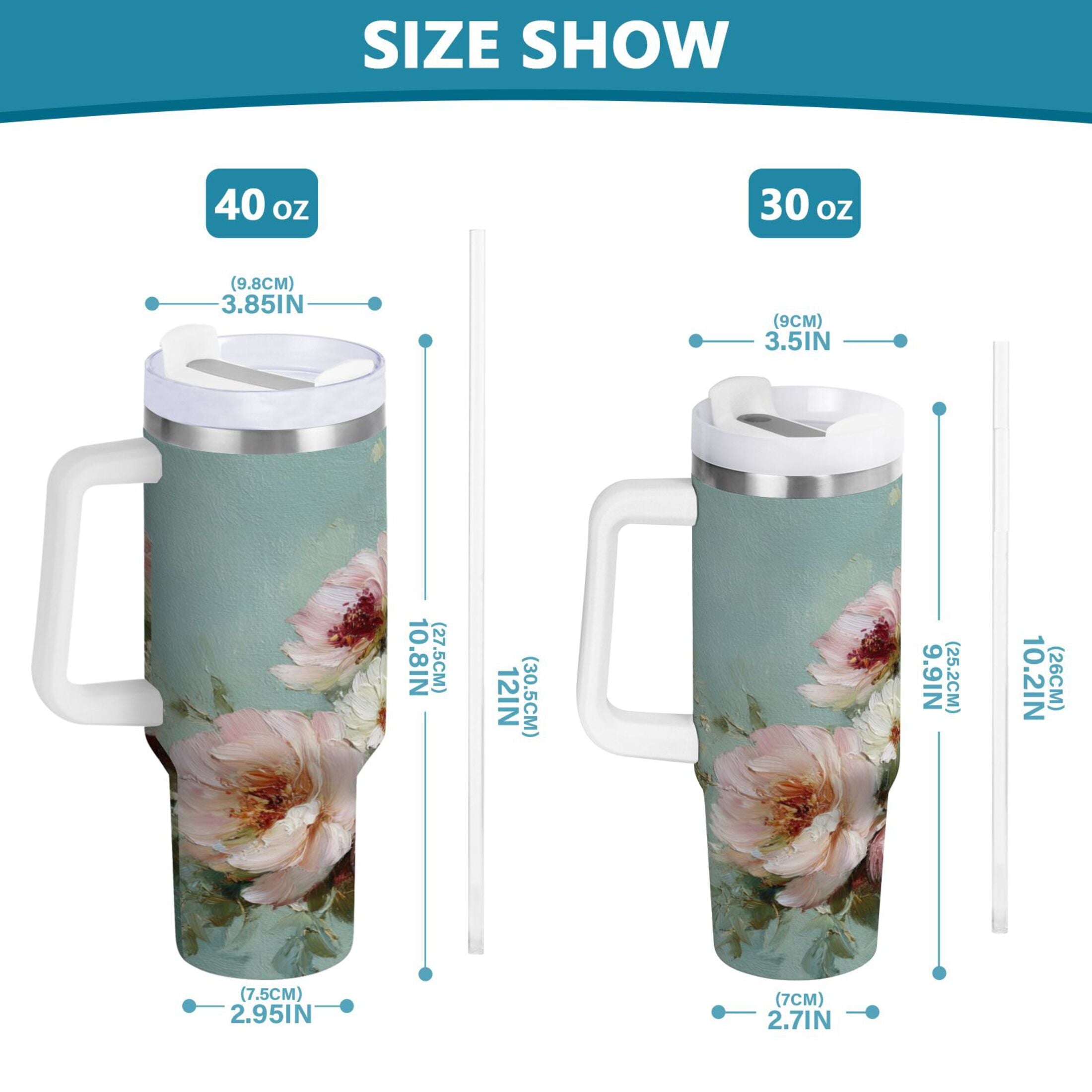 40 oz Insulated Stainless Steel Tumbler Double Wall Stainless Steel Tumbler with 2-Way Drinking Vintage Peonies and Daisies - Choice 233