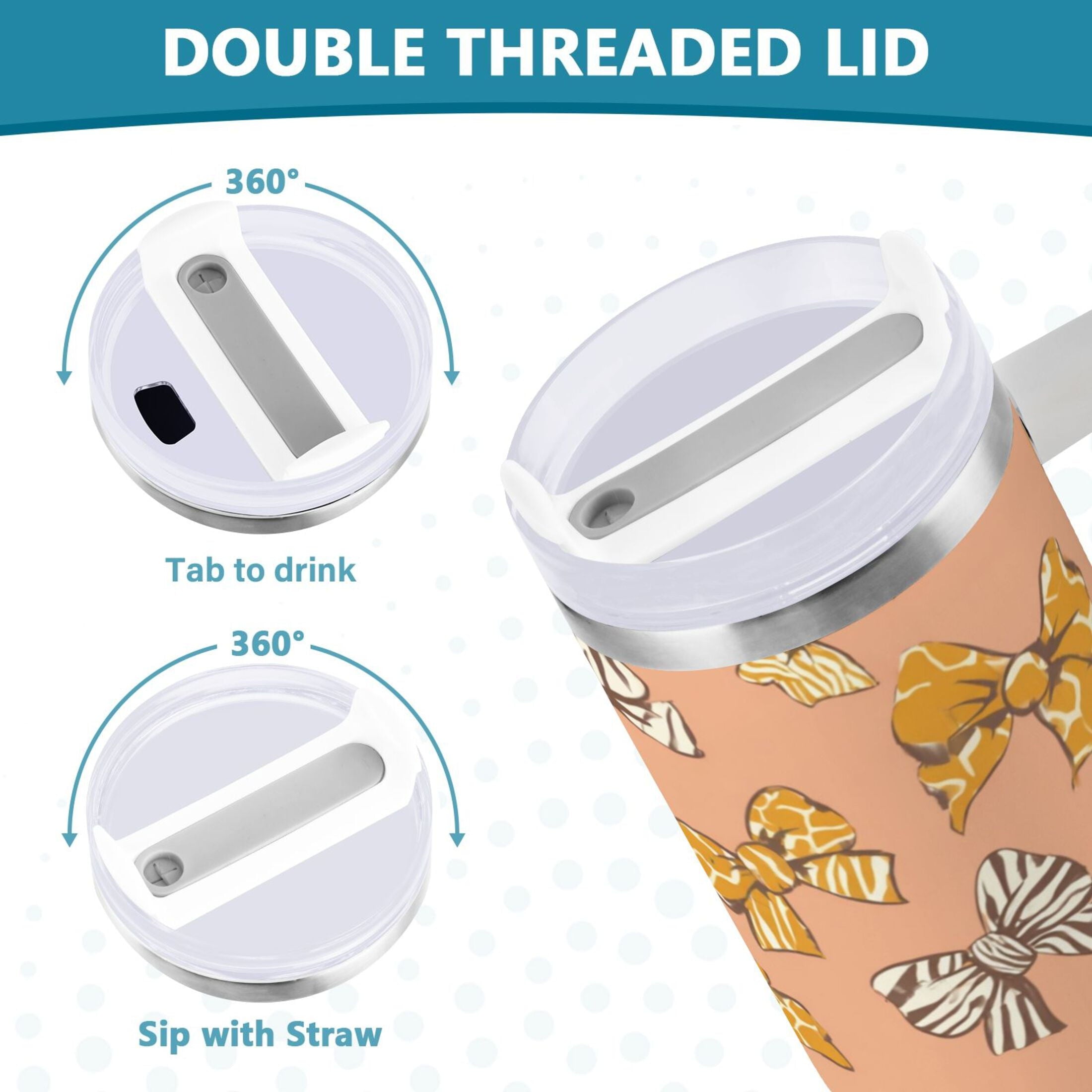 40 oz Insulated Stainless Steel Tumbler Double Wall Stainless Steel Tumbler with 2-Way Drinking Cute Animal Print Bows - Choice 632