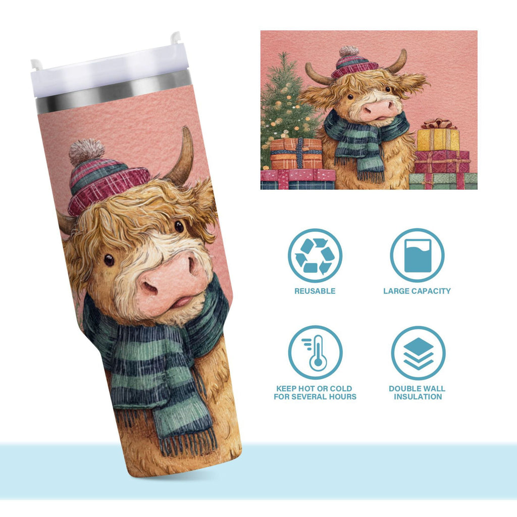 30 oz Insulated Stainless Steel Tumbler Double Wall Stainless Steel Tumbler with 2-Way Drinking Cow Wearing Scarf and Hat - Choice 220
