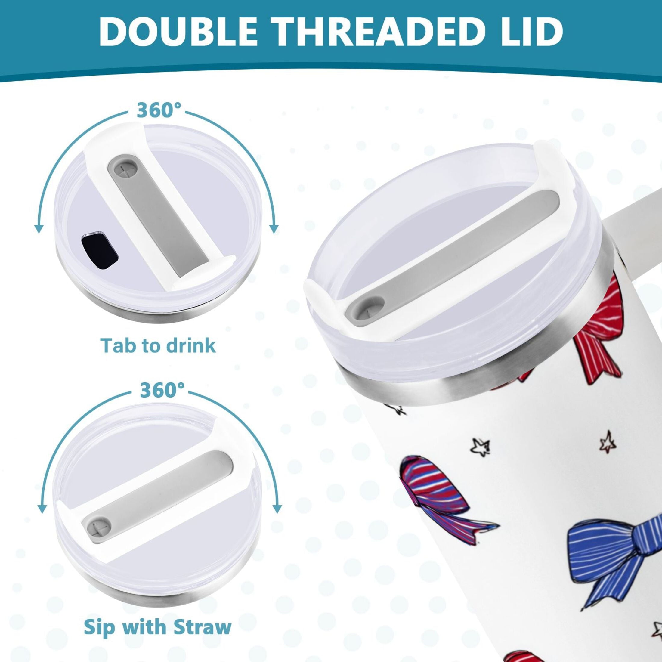 30 oz Insulated Stainless Steel Tumbler Double Wall Stainless Steel Tumbler with 2-Way Drinking Red and Blue Stripe Bows - Choice 637