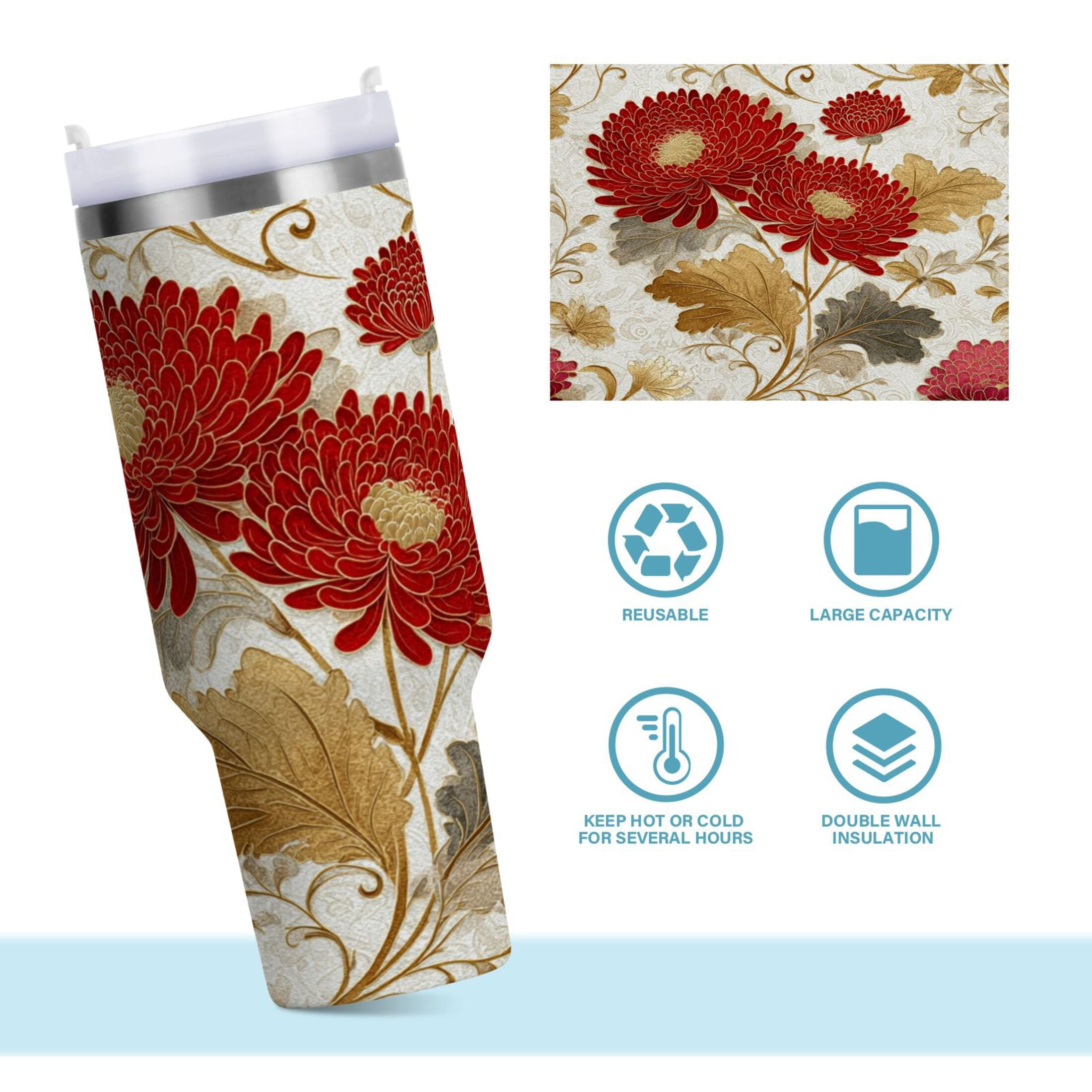 30 oz Insulated Stainless Steel Tumbler Double Wall Stainless Steel Tumbler with 2-Way Drinking Red Chrysanthemum Pattern - Choice 790