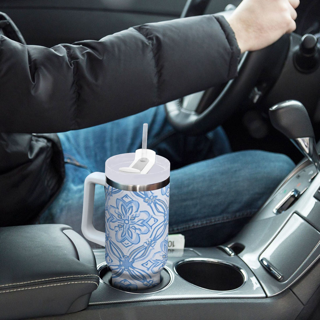 30 oz Insulated Stainless Steel Tumbler Double Wall Stainless Steel Tumbler with 2-Way Drinking Blue Elegant Geometric Design - Choice 477
