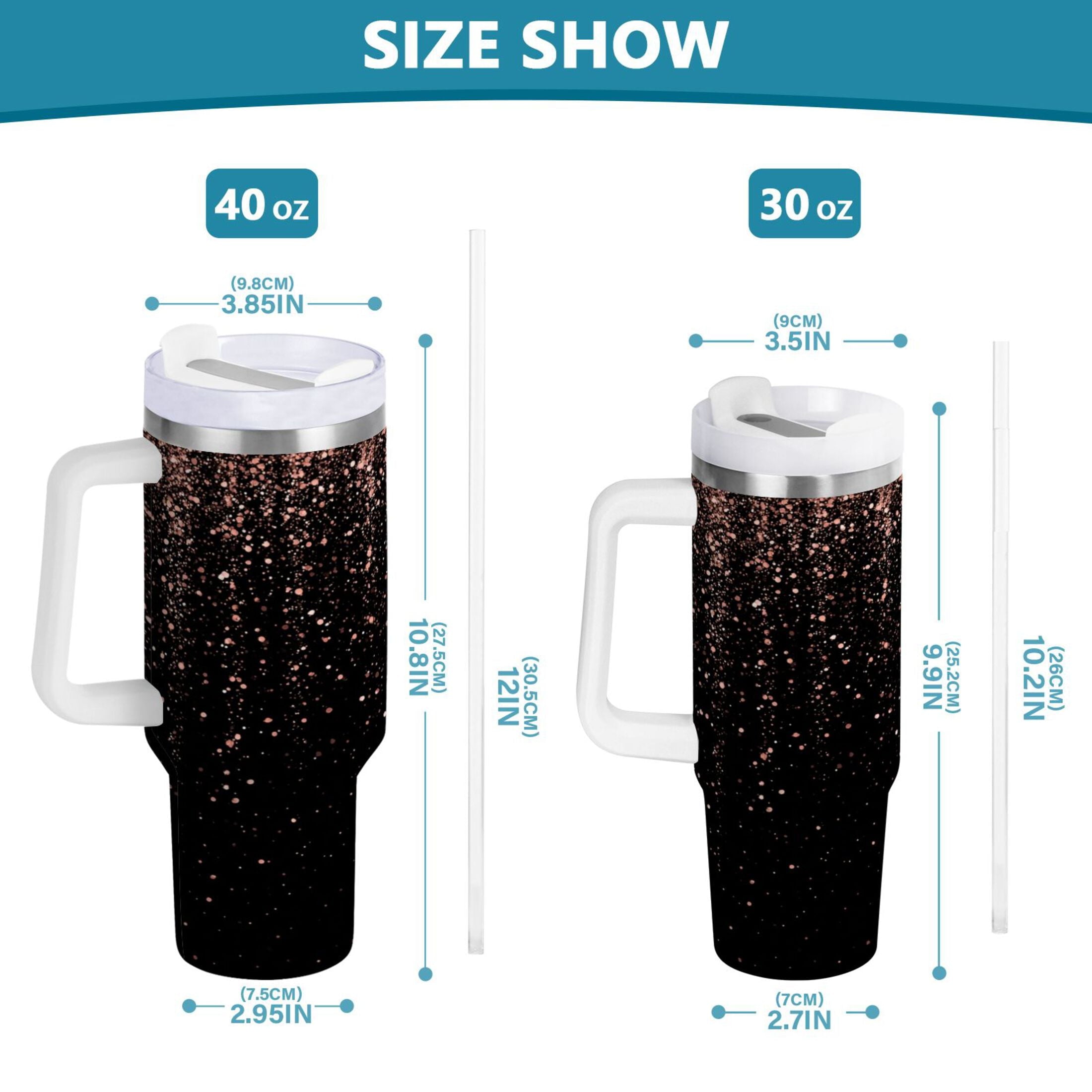 40 oz Insulated Stainless Steel Tumbler Double Wall Stainless Steel Tumbler with 2-Way Drinking Rose Gold Glitter - Choice 608