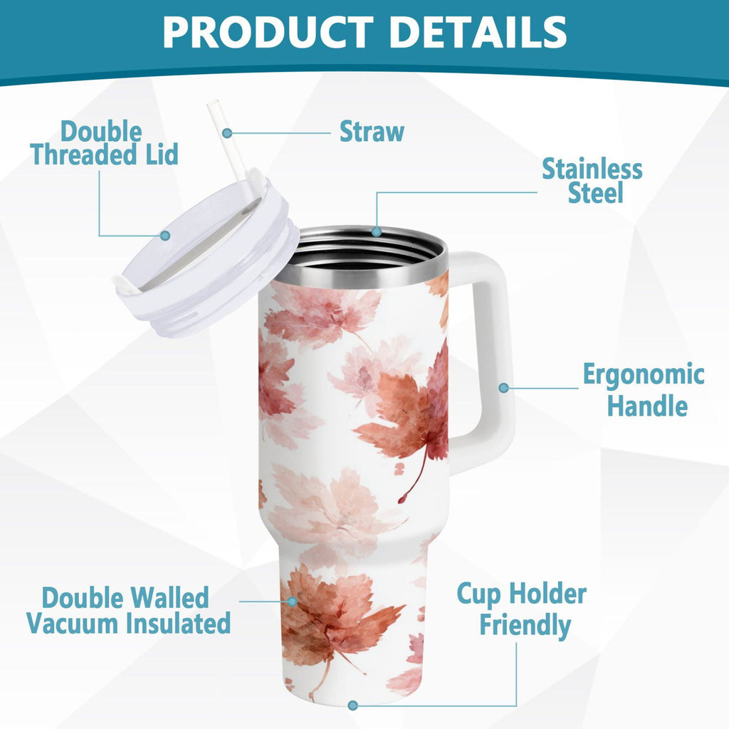 30 oz Insulated Stainless Steel Tumbler Double Wall Stainless Steel Tumbler with 2-Way Drinking Watercolor Pink Maple Leaves - Choice 996