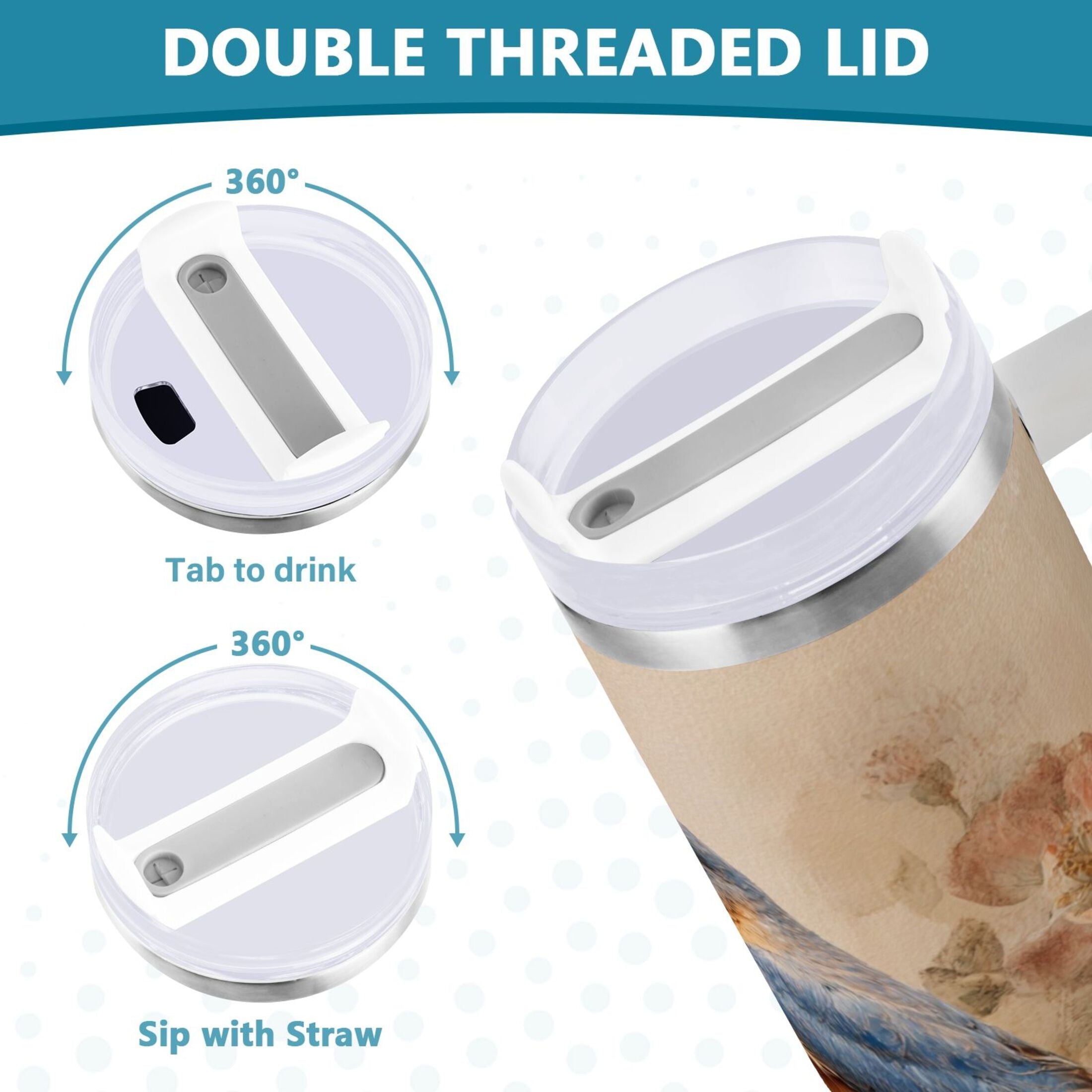 40 oz Insulated Stainless Steel Tumbler Double Wall Stainless Steel Tumbler with 2-Way Drinking Bluebird and Ancient Flowers - Choice 248