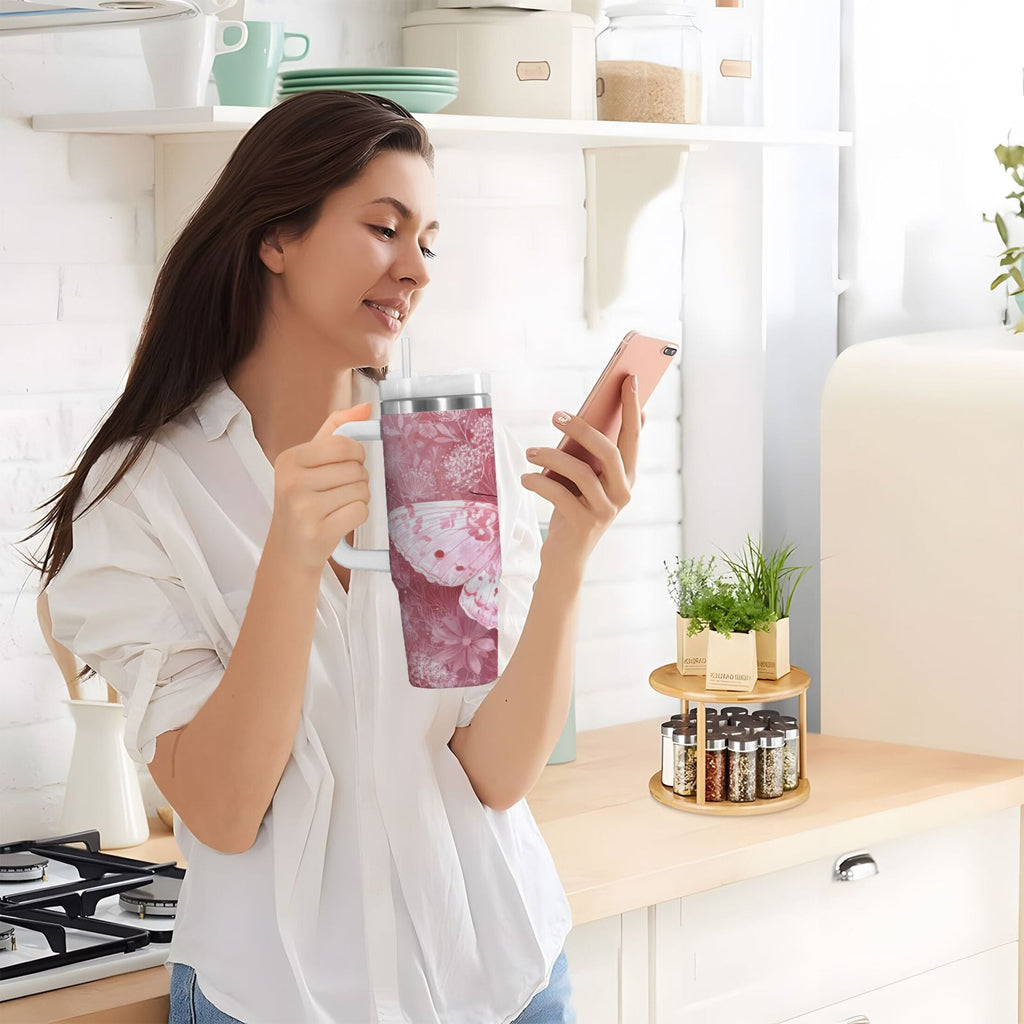 30 oz Insulated Stainless Steel Tumbler Double Wall Stainless Steel Tumbler with 2-Way Drinking Soft Pink Butterfly - Choice 928