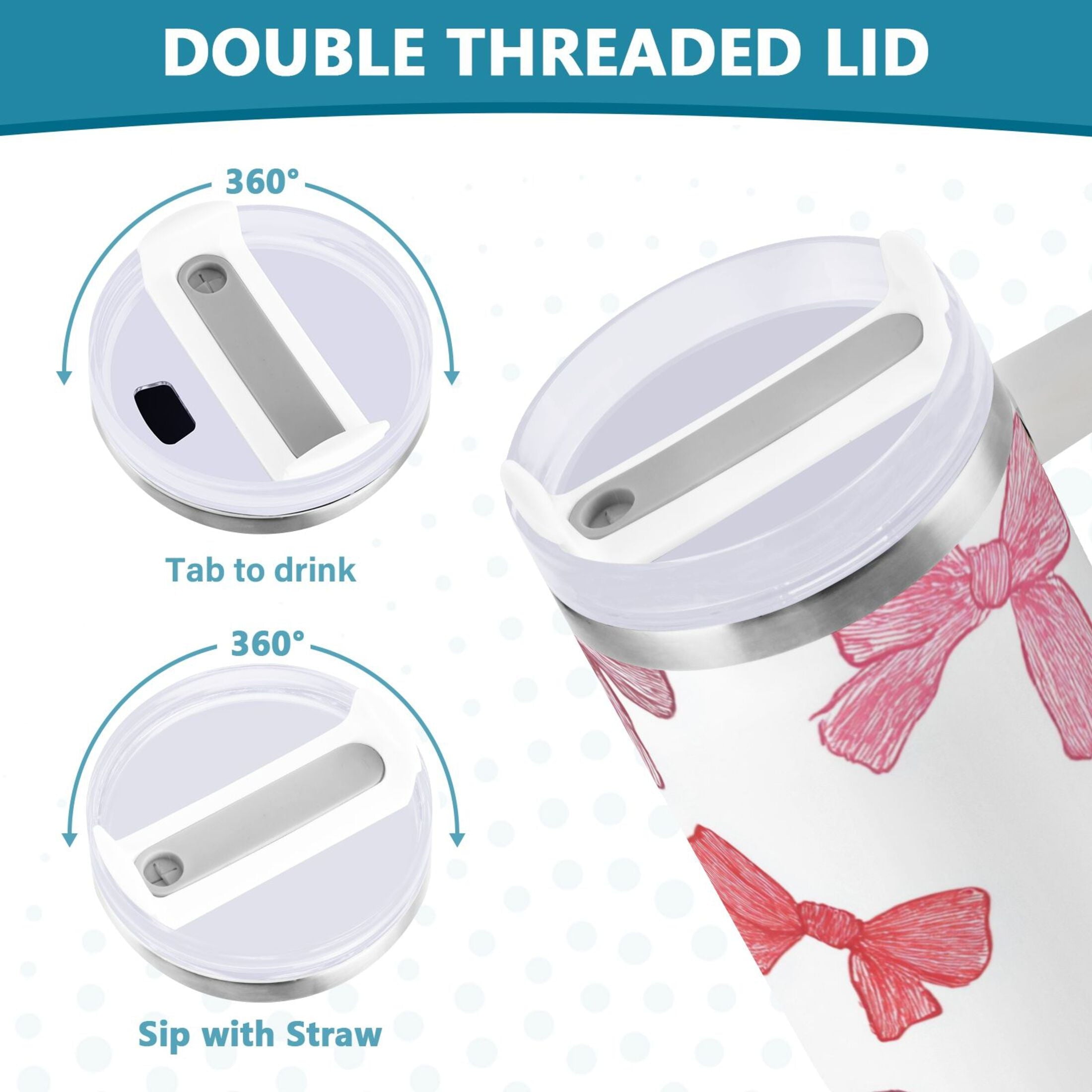 40 oz Insulated Stainless Steel Tumbler Double Wall Stainless Steel Tumbler with 2-Way Drinking Pink Bows Pattern - Choice 914