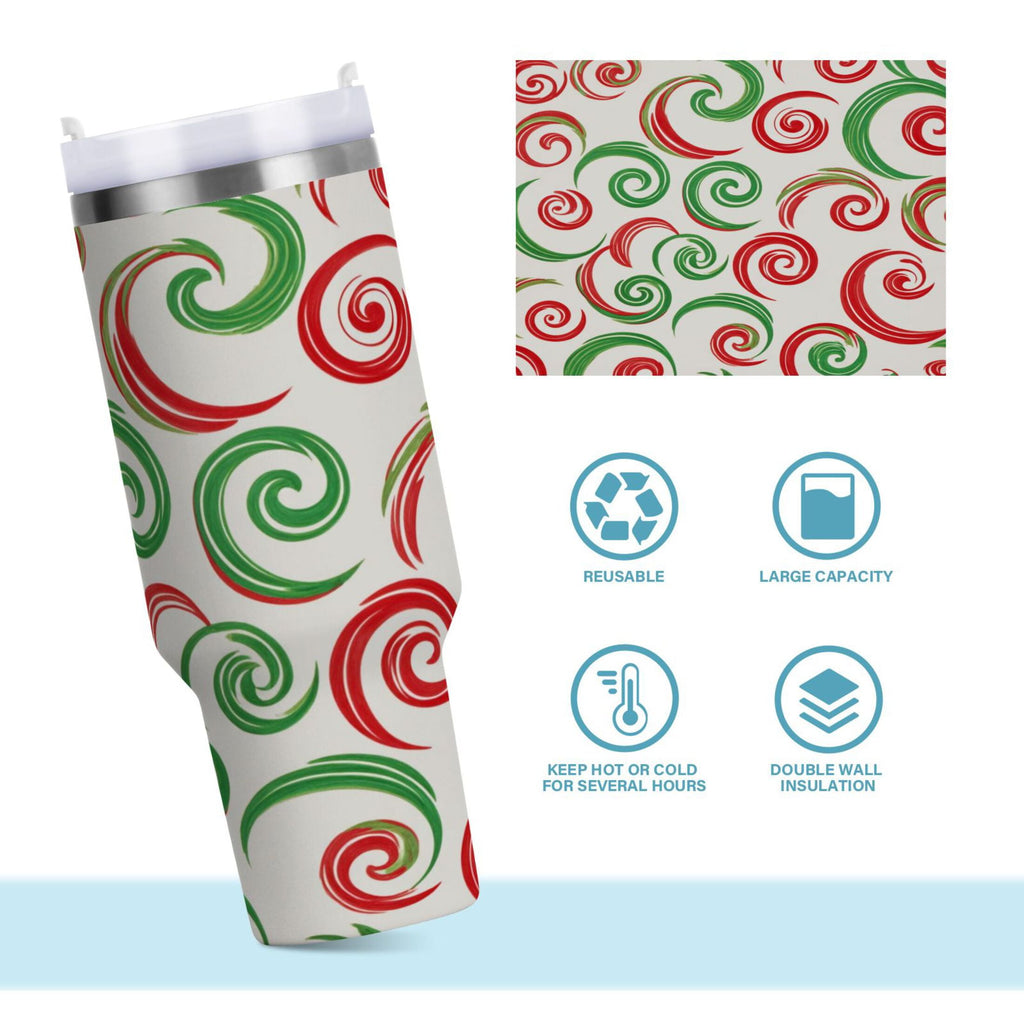 40 oz Insulated Stainless Steel Tumbler Double Wall Stainless Steel Tumbler with 2-Way Drinking Red and Green Swirls - Choice 846