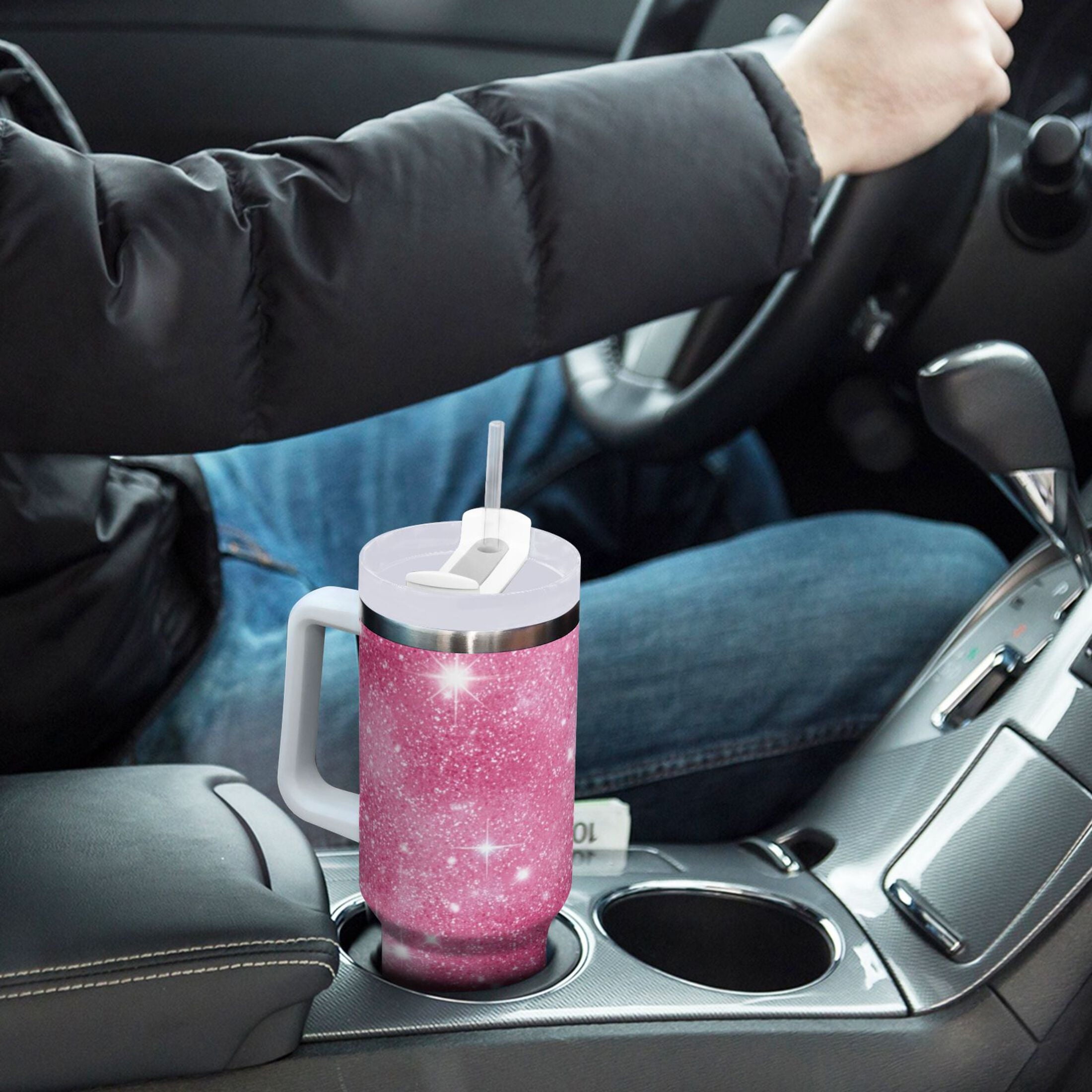 40 oz Insulated Stainless Steel Tumbler Double Wall Stainless Steel Tumbler with 2-Way Drinking Pink Glitter Background - Choice 576