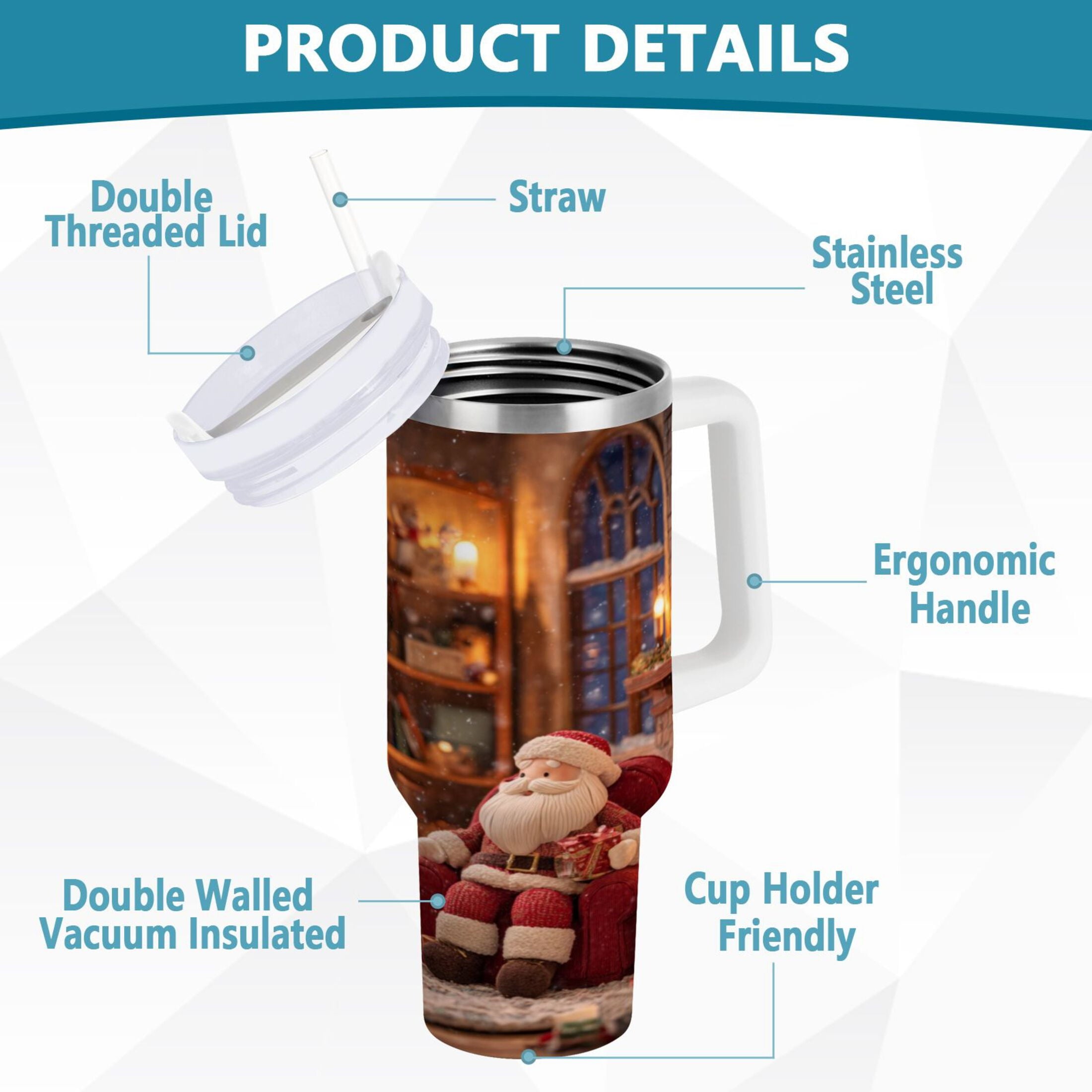 40 oz Insulated Stainless Steel Tumbler Double Wall Stainless Steel Tumbler with 2-Way Drinking Sitting Santa Claus - Choice 455