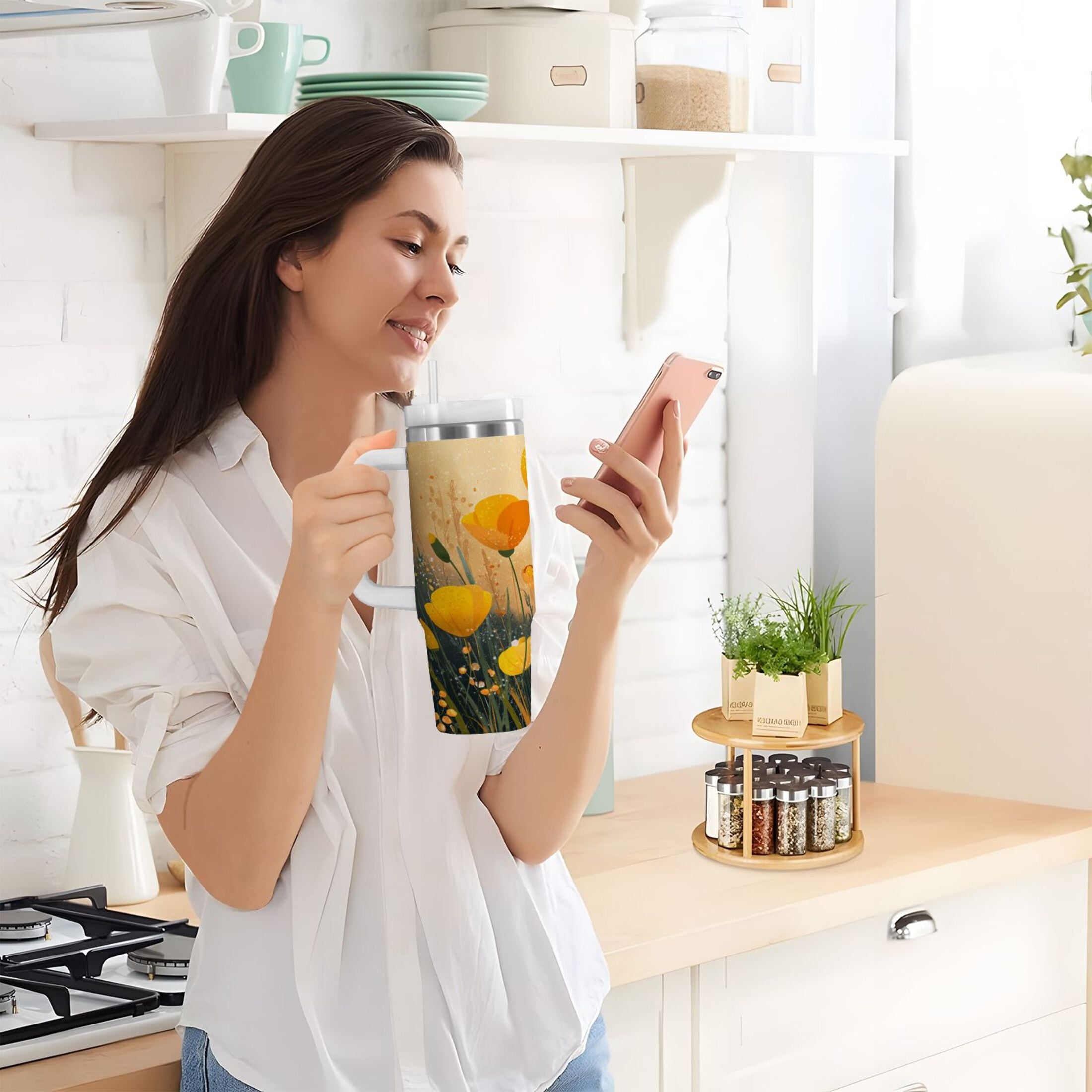 30 oz Insulated Stainless Steel Tumbler Double Wall Stainless Steel Tumbler with 2-Way Drinking Yellow Flowers on The Grass - Choice 300