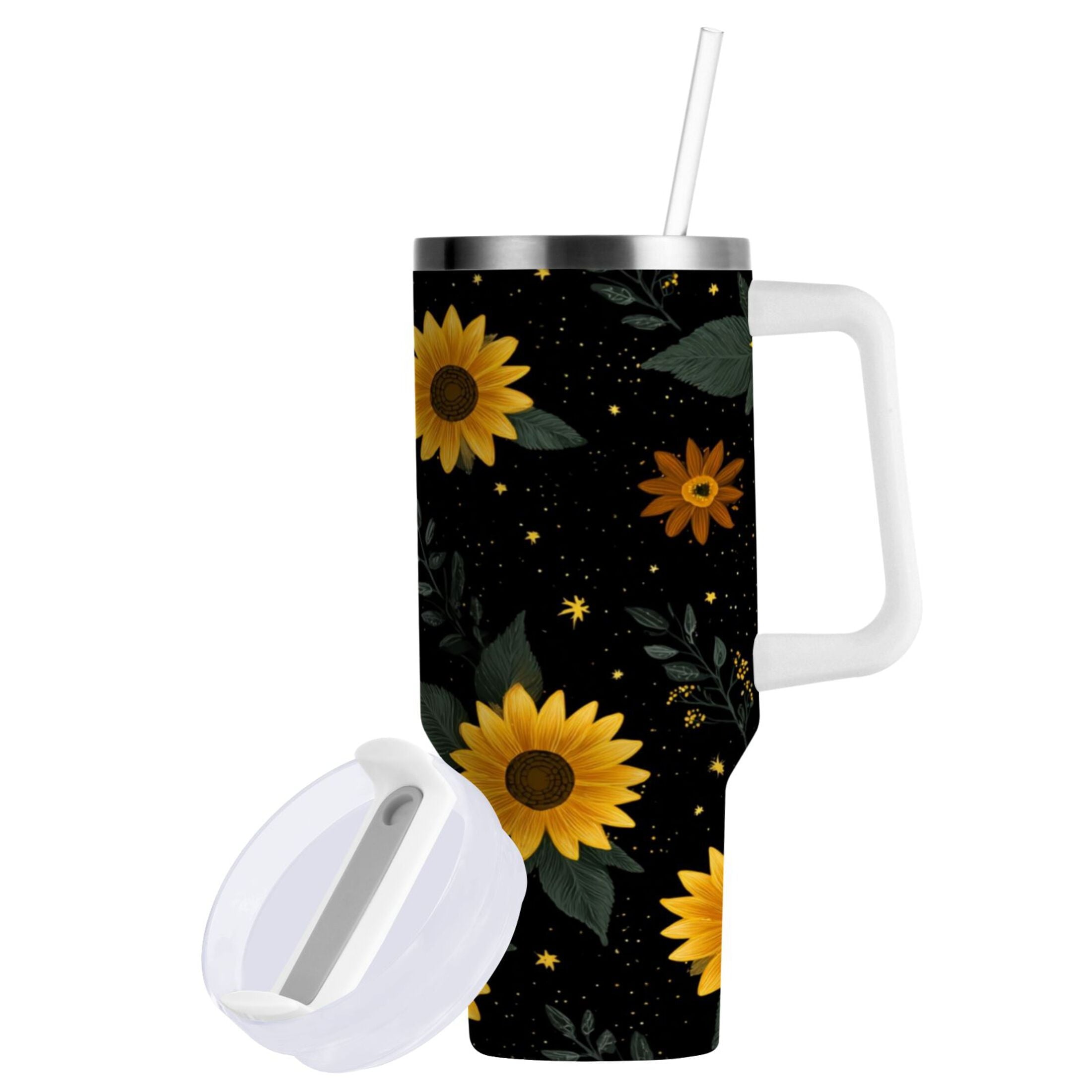 30 oz Insulated Stainless Steel Tumbler Double Wall Stainless Steel Tumbler with 2-Way Drinking Yellow Sunflower Pattern - Choice 158