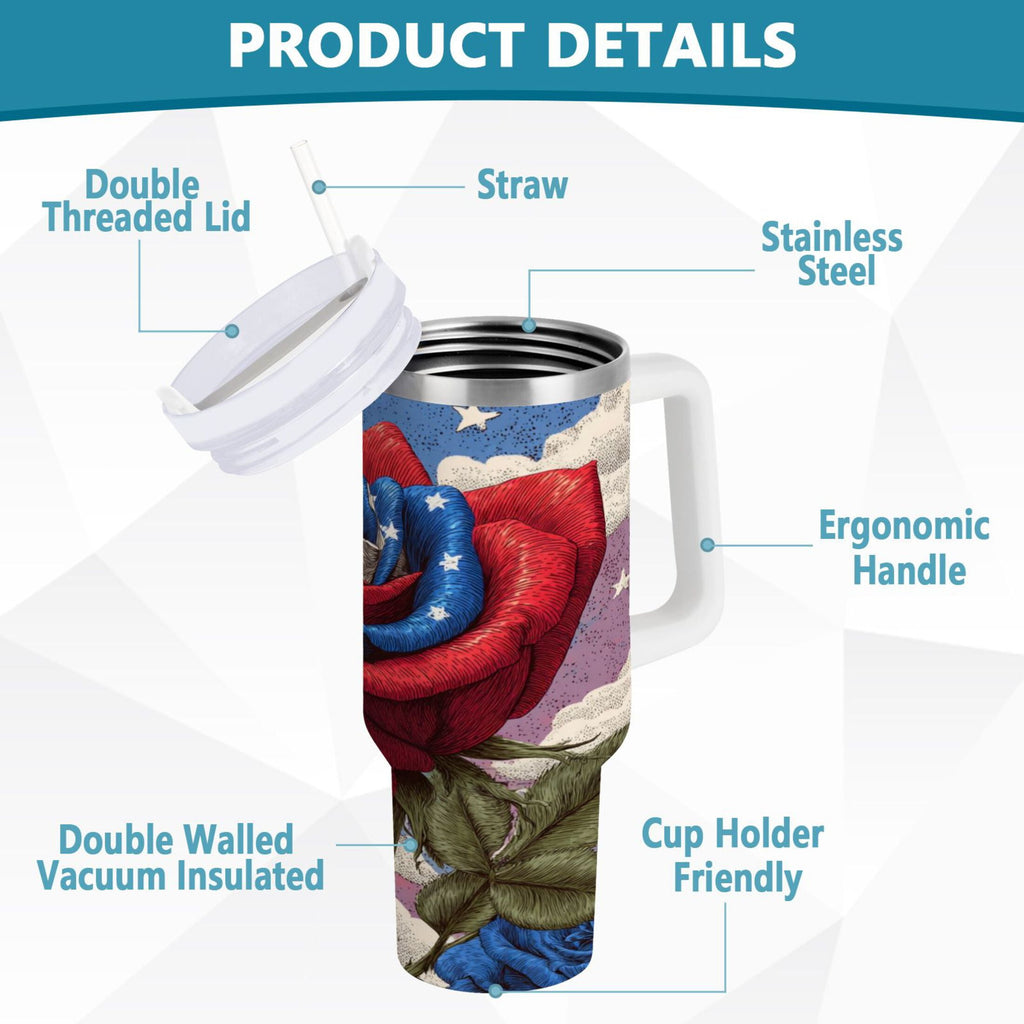 40 oz Insulated Stainless Steel Tumbler Double Wall Stainless Steel Tumbler with 2-Way Drinking Roses and Clouds - Choice 137