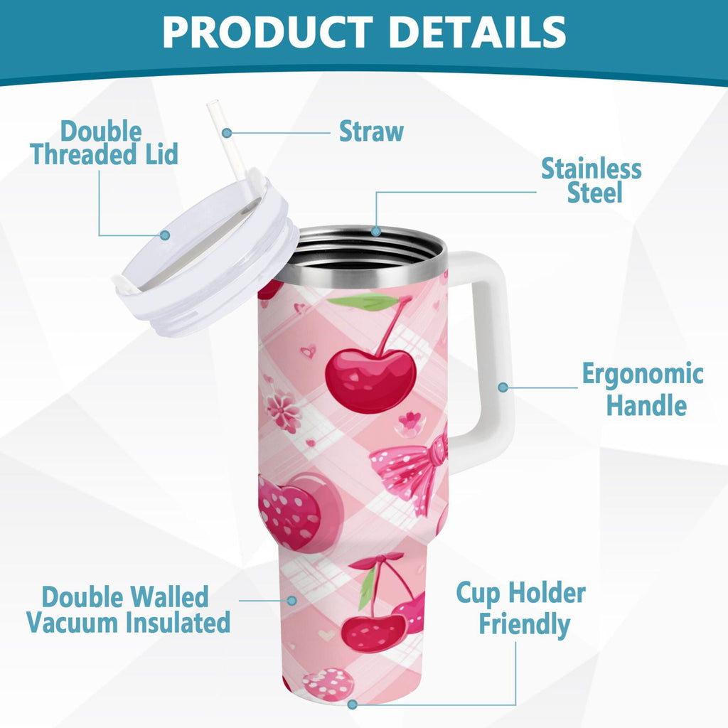 30 oz Insulated Stainless Steel Tumbler Double Wall Stainless Steel Tumbler with 2-Way Drinking Cherry and Pink Bow Pattern - Choice 265