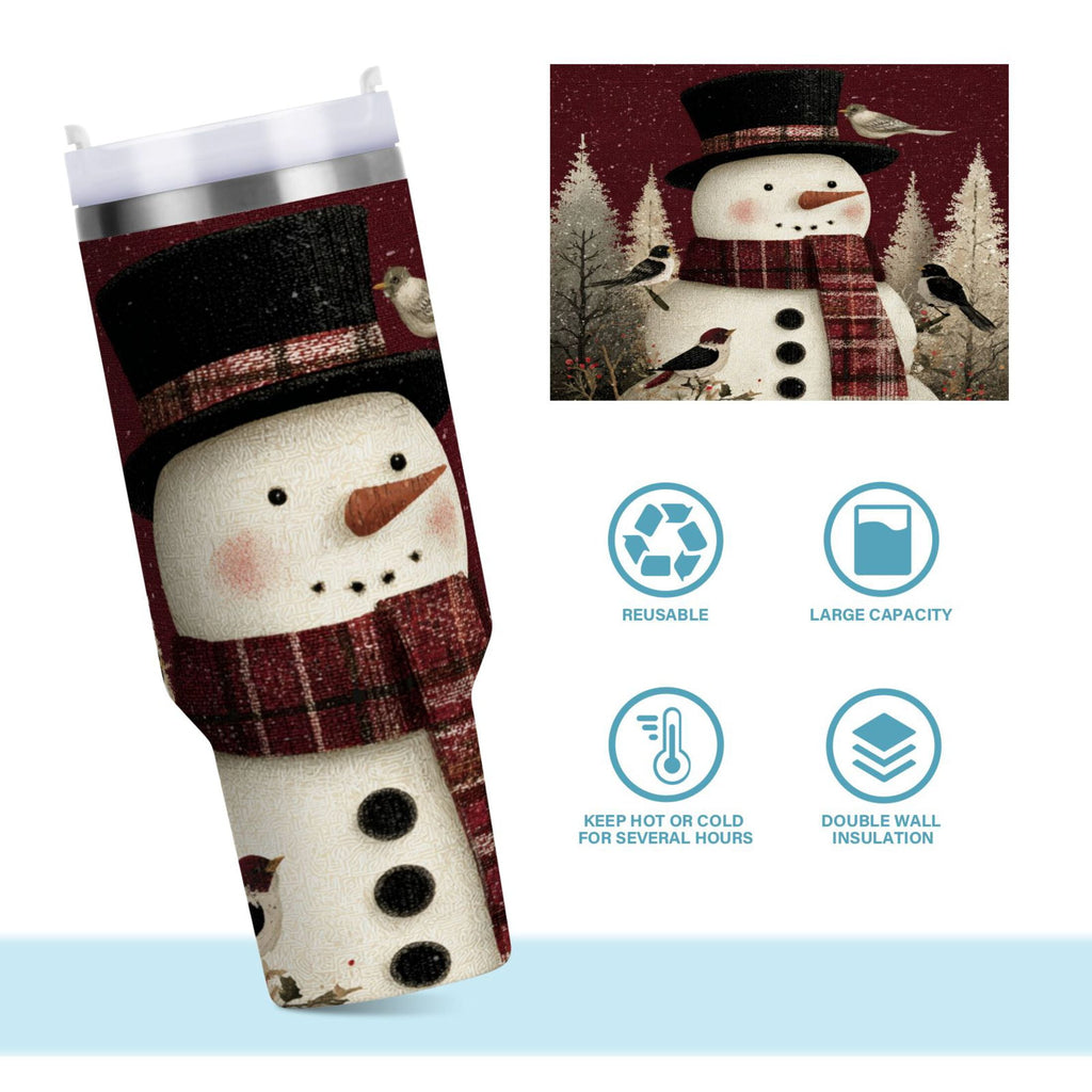 30 oz Insulated Stainless Steel Tumbler Double Wall Stainless Steel Tumbler with 2-Way Drinking Snowman and Birds - Choice 911