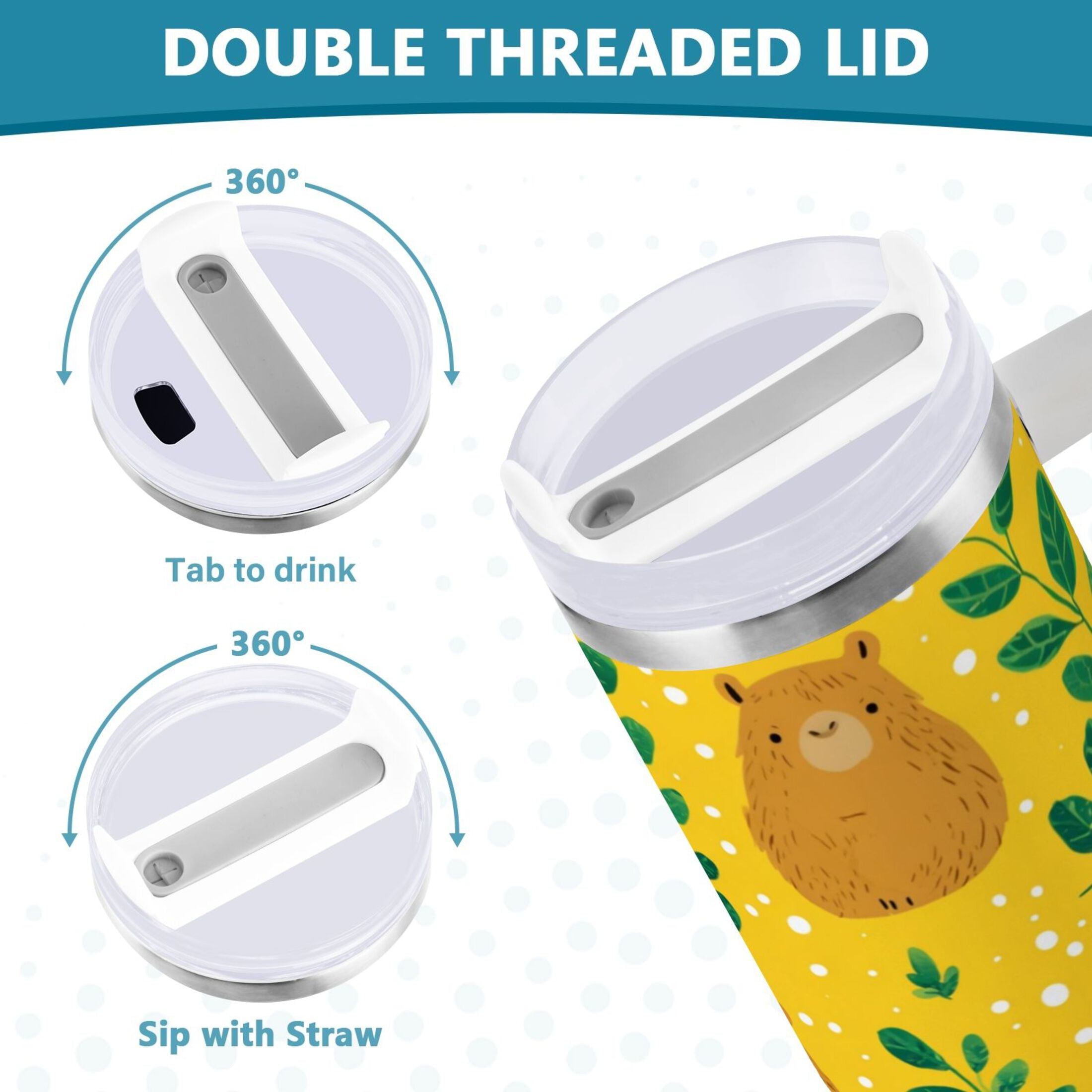 30 oz Insulated Stainless Steel Tumbler Double Wall Stainless Steel Tumbler with 2-Way Drinking Capybara and Green Leaves - Choice 877