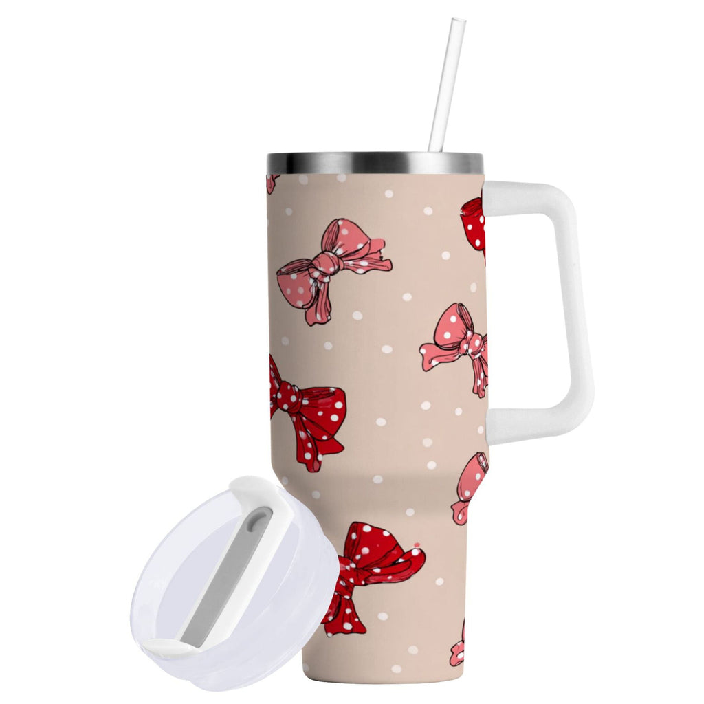 30 oz Insulated Stainless Steel Tumbler Double Wall Stainless Steel Tumbler with 2-Way Drinking Cute Red Bows Pattern - Choice 902