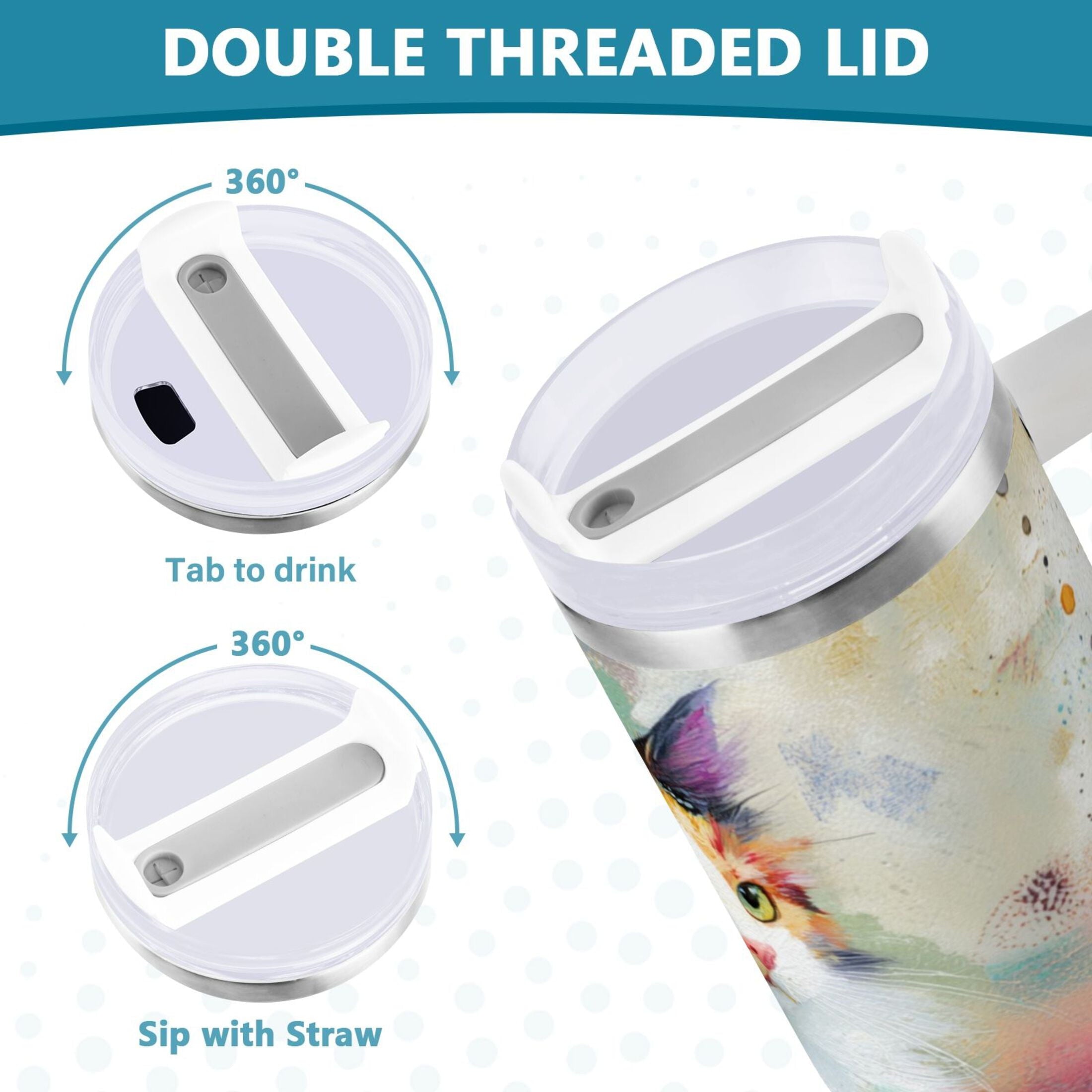 30 oz Insulated Stainless Steel Tumbler Double Wall Stainless Steel Tumbler with 2-Way Drinking Charming Hairy Cat - Choice 440
