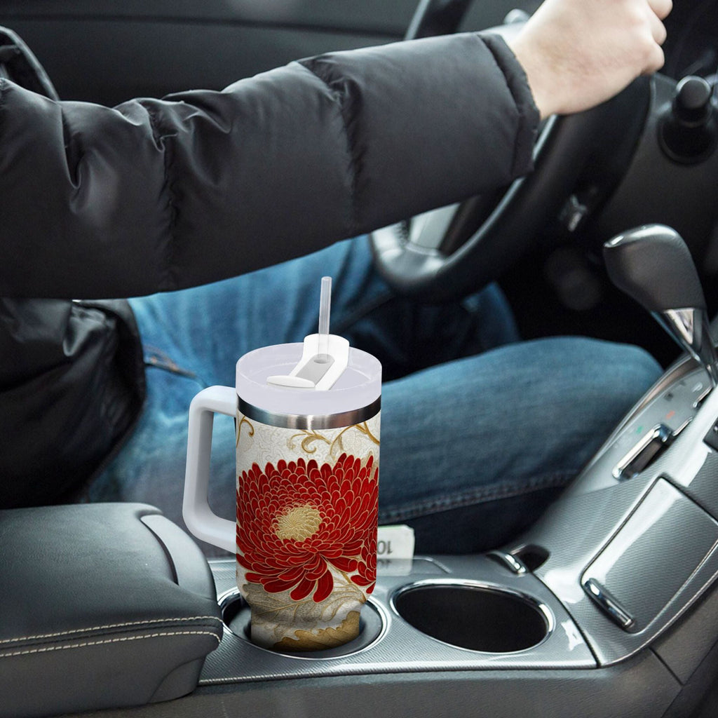 30 oz Insulated Stainless Steel Tumbler Double Wall Stainless Steel Tumbler with 2-Way Drinking Red Chrysanthemum Pattern - Choice 790