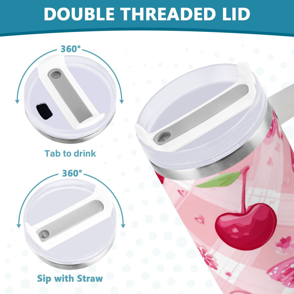 30 oz Insulated Stainless Steel Tumbler Double Wall Stainless Steel Tumbler with 2-Way Drinking Cherry and Pink Bow Pattern - Choice 265