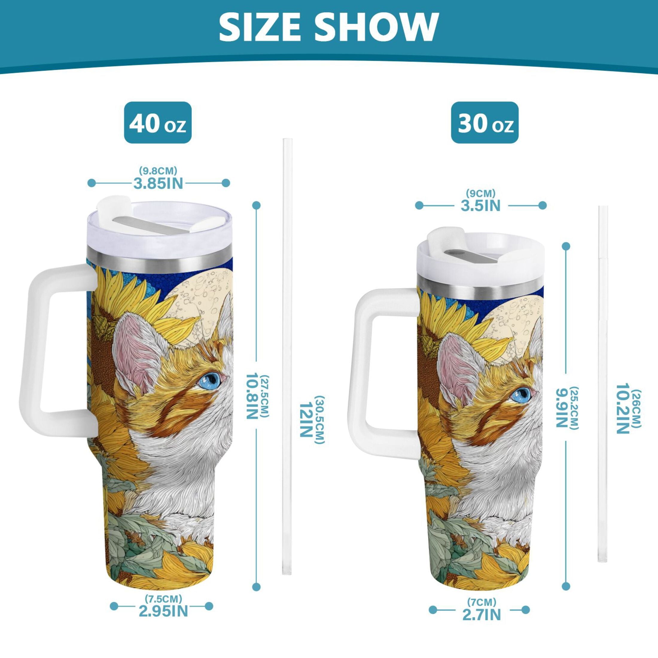 40 oz Insulated Stainless Steel Tumbler Double Wall Stainless Steel Tumbler with 2-Way Drinking Cat Lies in The Sunflowers - Choice 530