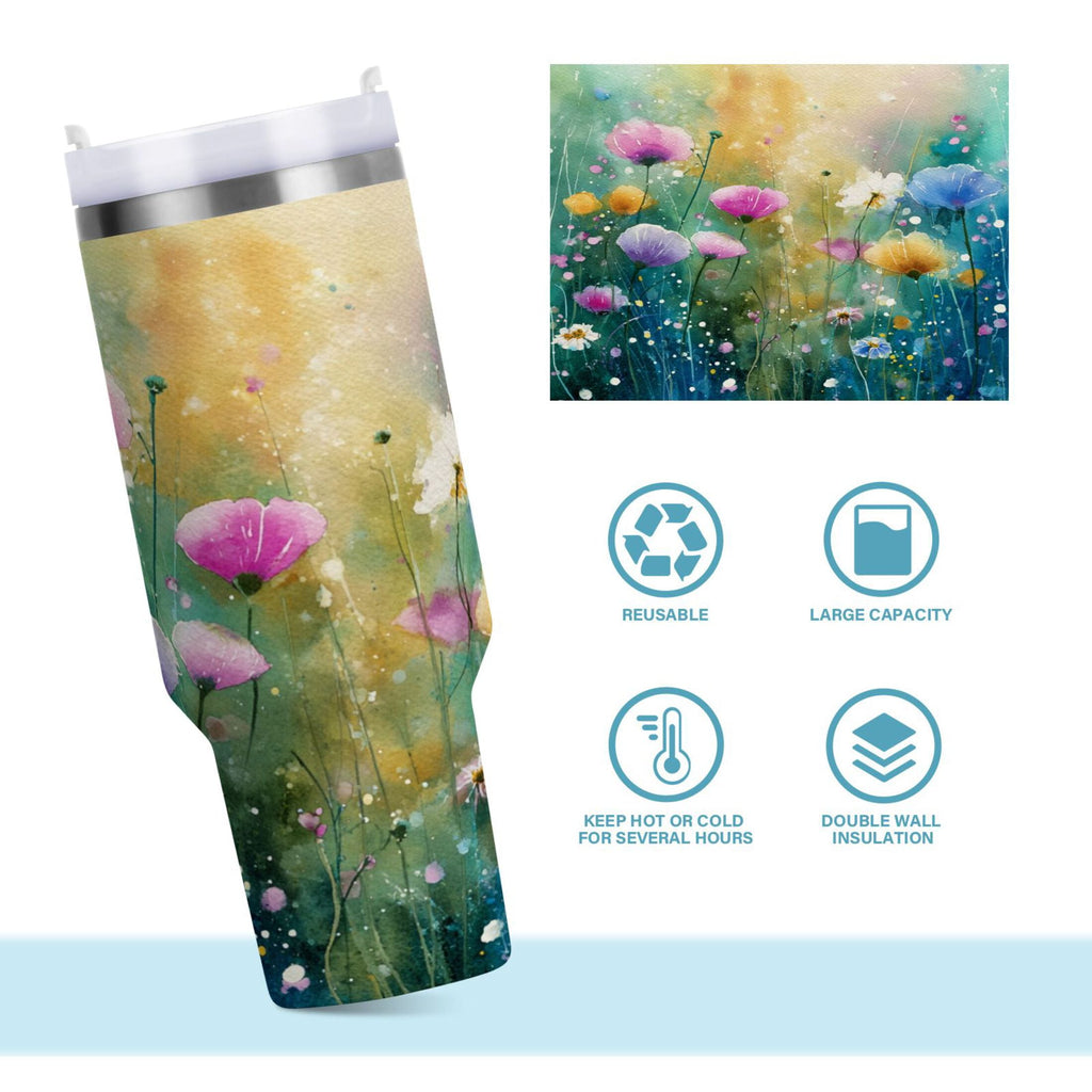 30 oz Insulated Stainless Steel Tumbler Double Wall Stainless Steel Tumbler with 2-Way Drinking Watercolor Wildflowers - Choice 776