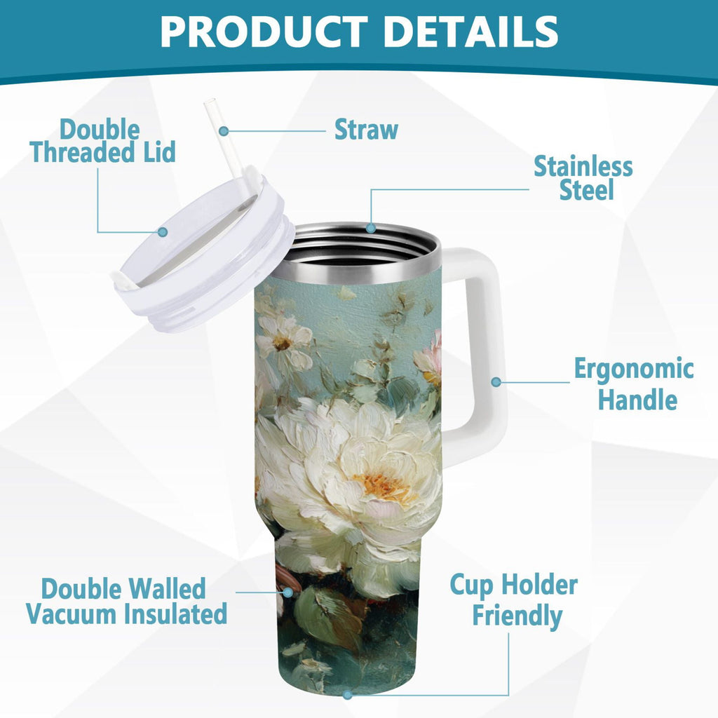 40 oz Insulated Stainless Steel Tumbler Double Wall Stainless Steel Tumbler with 2-Way Drinking Vintage Peonies and Daisies - Choice 233