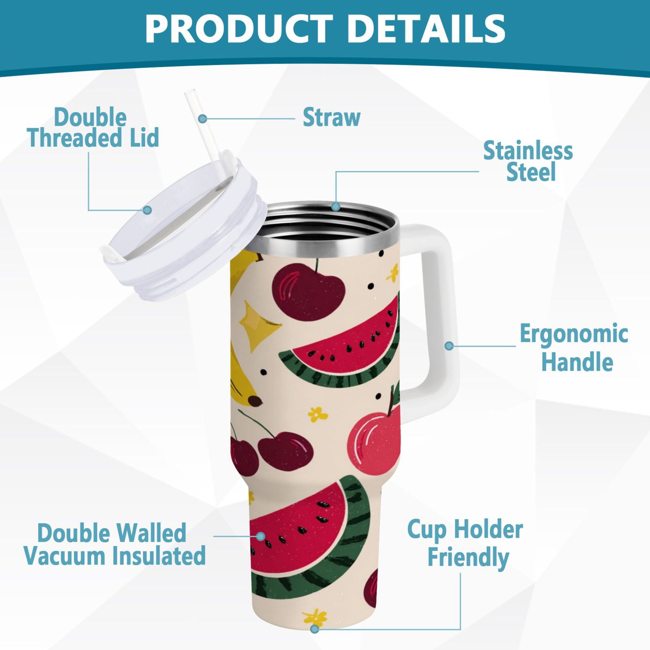 30 oz Insulated Stainless Steel Tumbler Double Wall Stainless Steel Tumbler with 2-Way Drinking Watermelon and Cherries - Choice 596