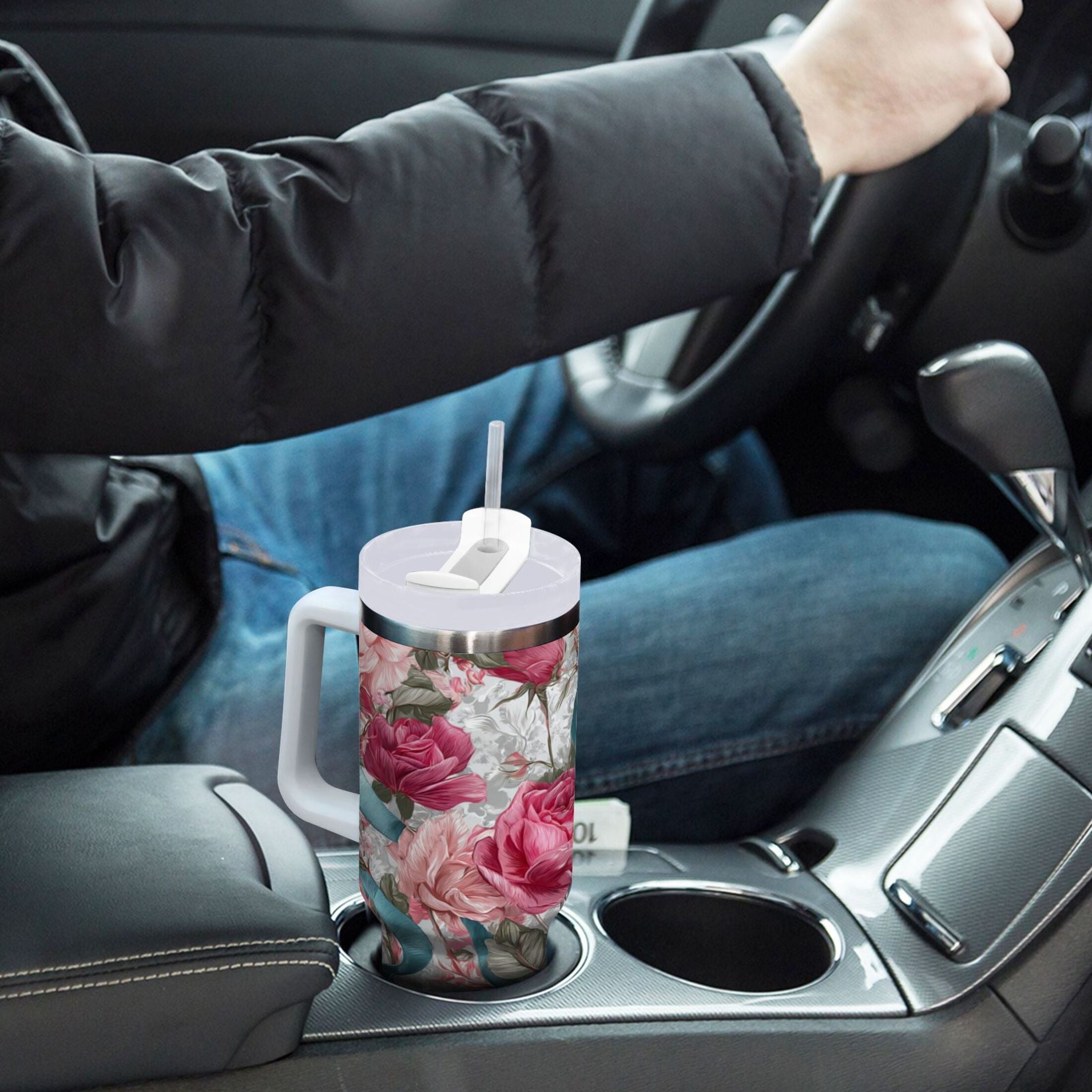 30 oz Insulated Stainless Steel Tumbler Double Wall Stainless Steel Tumbler with 2-Way Drinking Roses and Ribbons - Choice 776