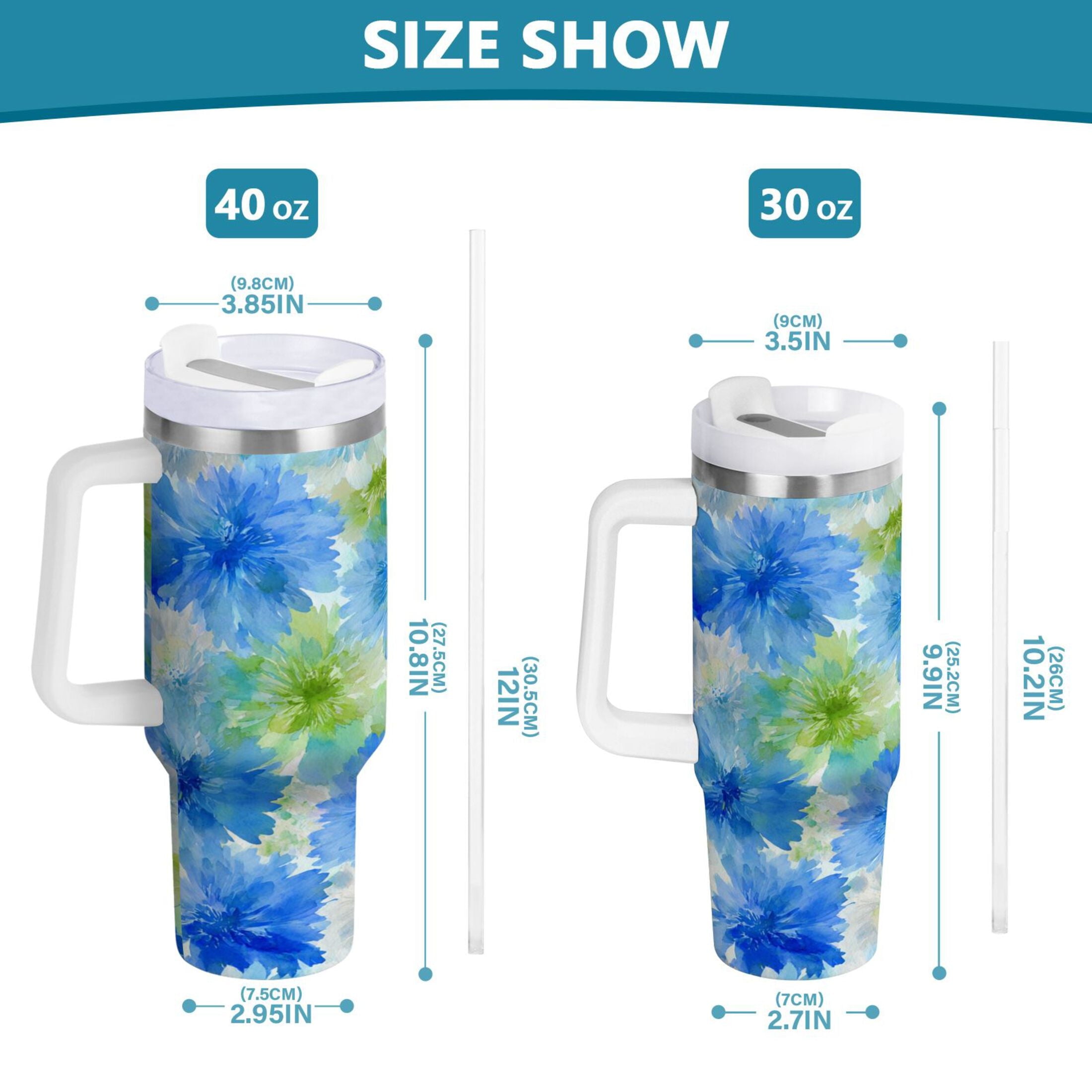 40 oz Insulated Stainless Steel Tumbler Double Wall Stainless Steel Tumbler with 2-Way Drinking Watercolor Blue Cornflowers - Choice 581
