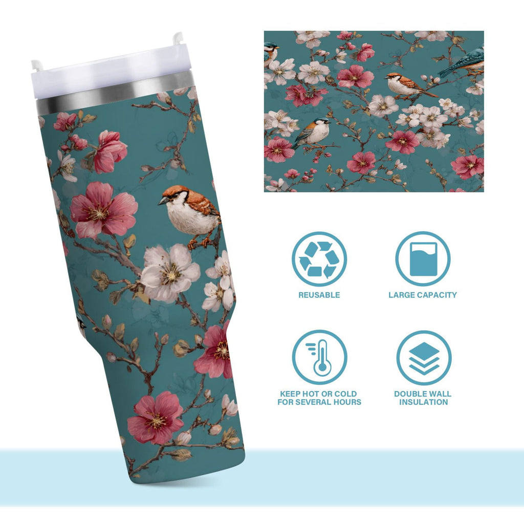 30 oz Insulated Stainless Steel Tumbler Double Wall Stainless Steel Tumbler with 2-Way Drinking Birds and Cherry Pattern - Choice 339
