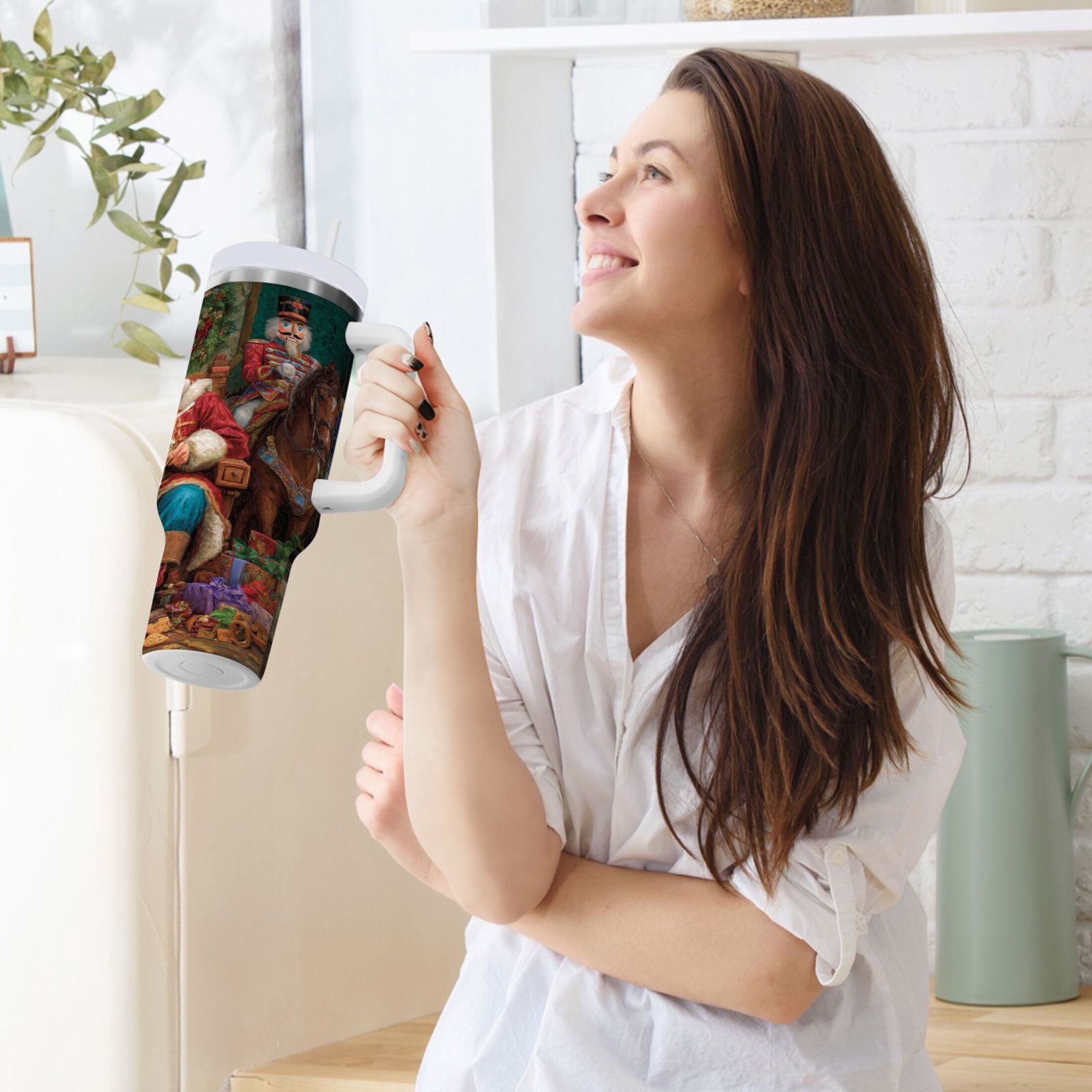 40 oz Insulated Stainless Steel Tumbler Double Wall Stainless Steel Tumbler with 2-Way Drinking Santa Eating Cookies - Choice 777