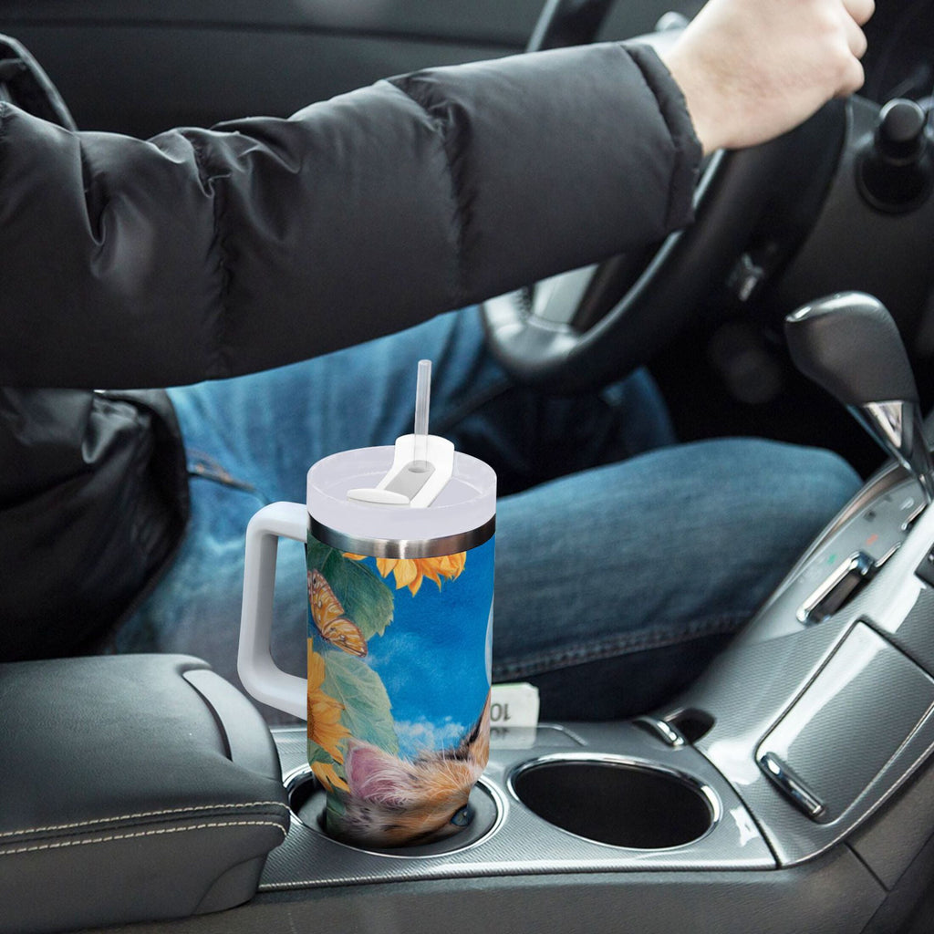 40 oz Insulated Stainless Steel Tumbler Double Wall Stainless Steel Tumbler with 2-Way Drinking Playful Cat Lying Sunflowers - Choice 895