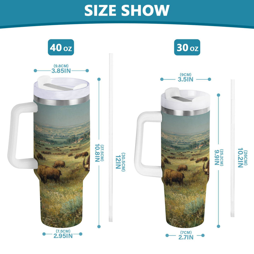 30 oz Insulated Stainless Steel Tumbler Double Wall Stainless Steel Tumbler with 2-Way Drinking Buffalo Herd Oil Painting - Choice 227