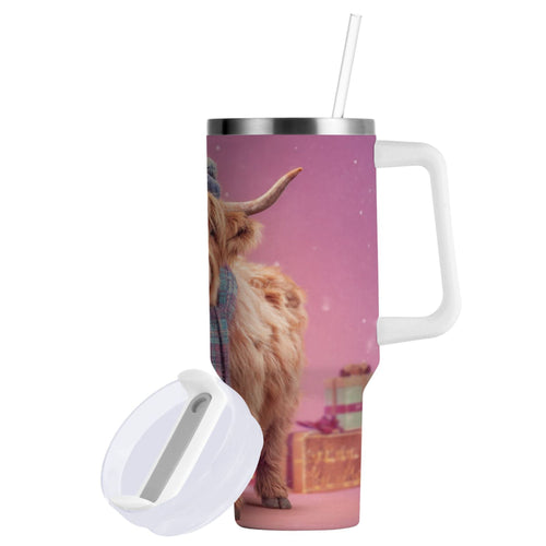 30 oz Insulated Stainless Steel Tumbler Double Wall Stainless Steel Tumbler with 2-Way Drinking Cow Wearing Christmas - Choice 125