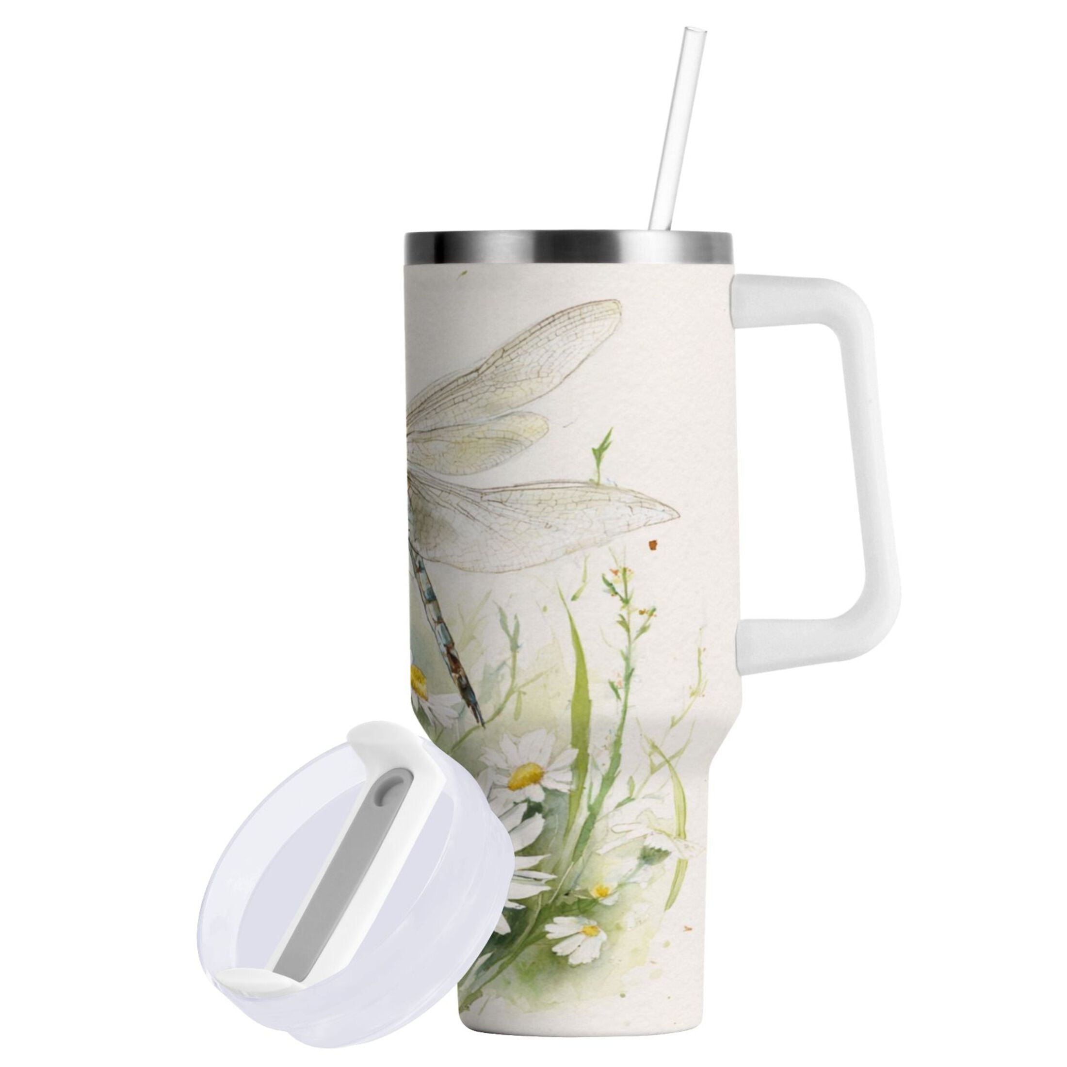 30 oz Insulated Stainless Steel Tumbler Double Wall Stainless Steel Tumbler with 2-Way Drinking Dragonflies with White Daisies - Choice 723