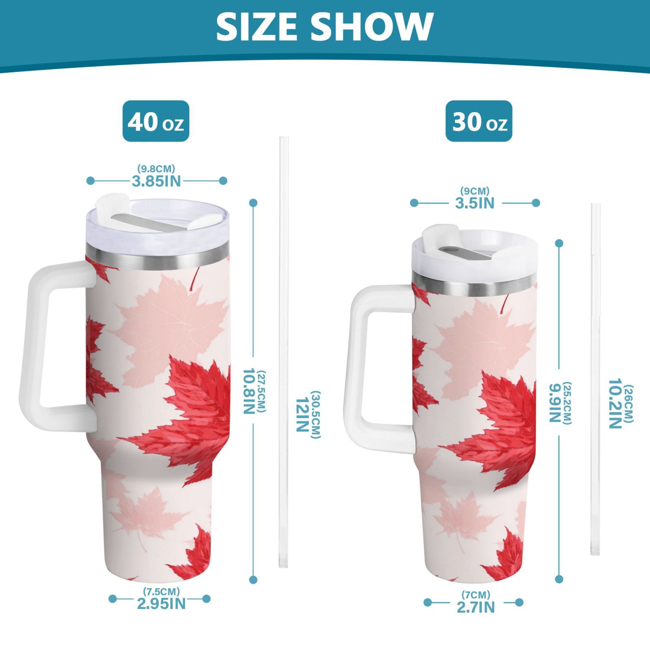 40 oz Insulated Stainless Steel Tumbler Double Wall Stainless Steel Tumbler with 2-Way Drinking Red Maple Leaves Pattern - Choice 446
