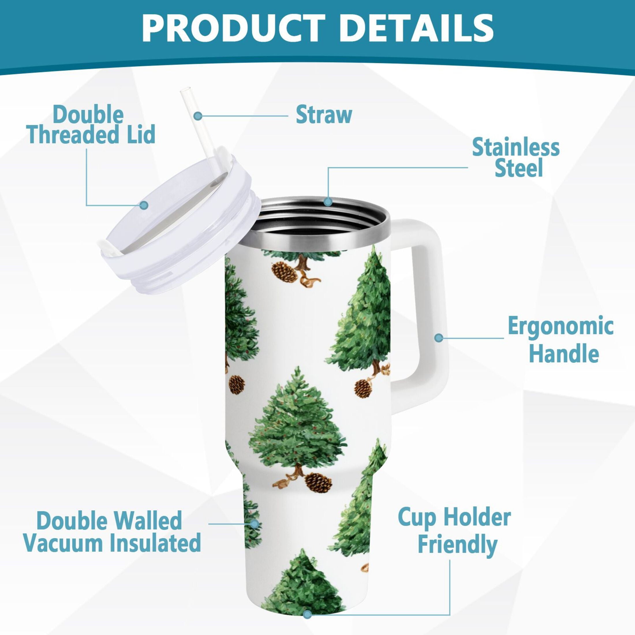 30 oz Insulated Stainless Steel Tumbler Double Wall Stainless Steel Tumbler with 2-Way Drinking Watercolor Green Christmas Tree - Choice 198