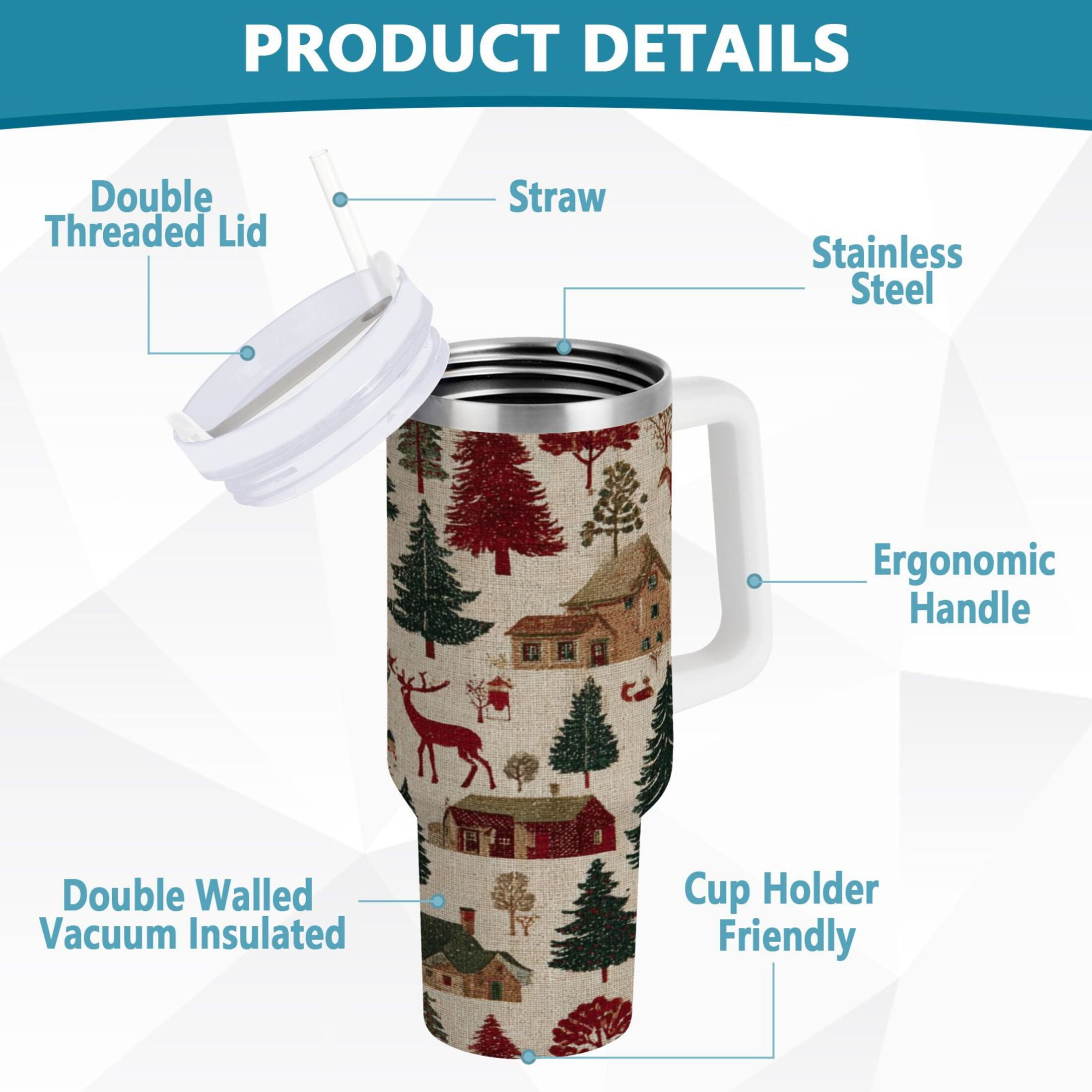 30 oz Insulated Stainless Steel Tumbler Double Wall Stainless Steel Tumbler with 2-Way Drinking Christmas Trees Deer and Houses - Choice 652