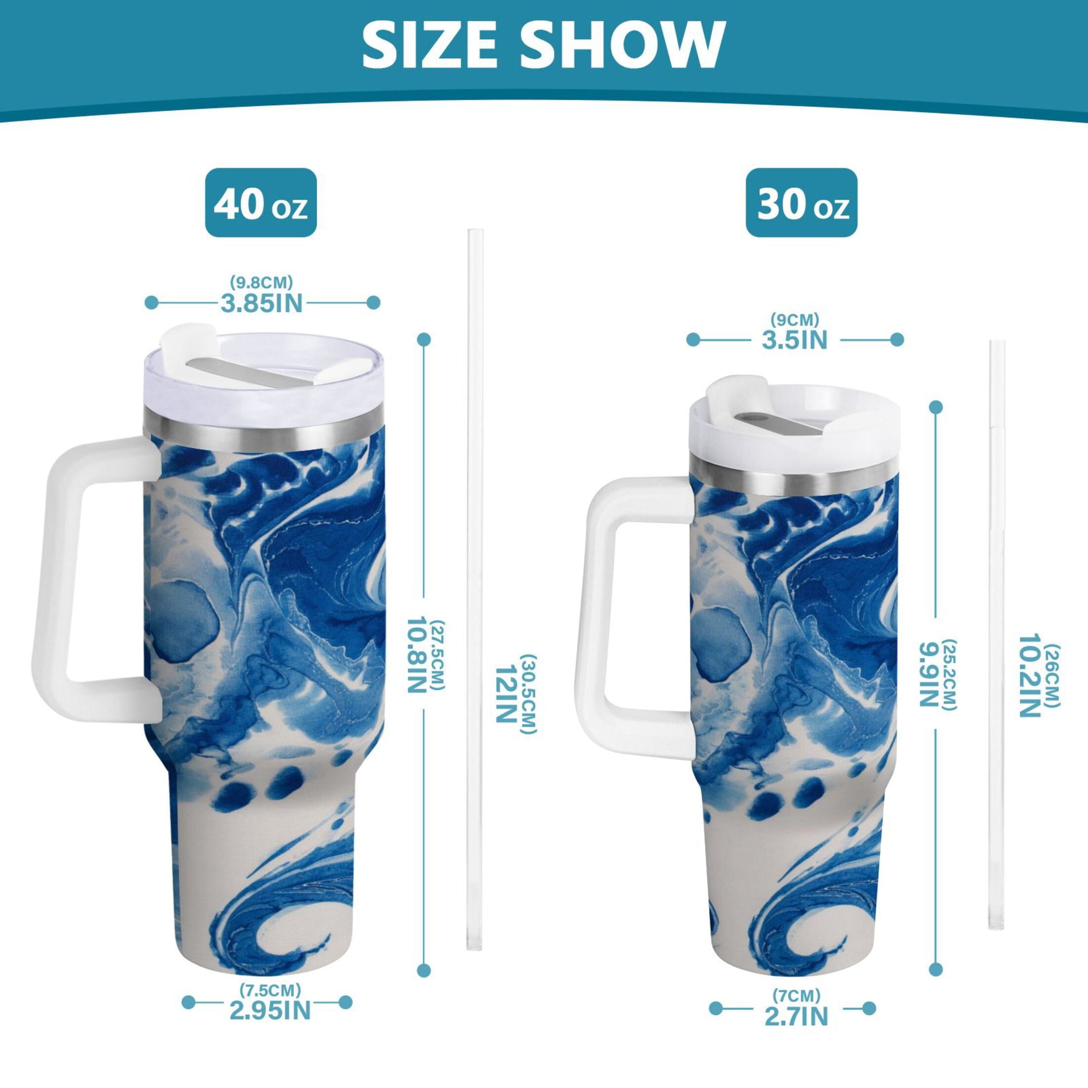 40 oz Insulated Stainless Steel Tumbler Double Wall Stainless Steel Tumbler with 2-Way Drinking Indigo Blue Tie-dye Pattern - Choice 230