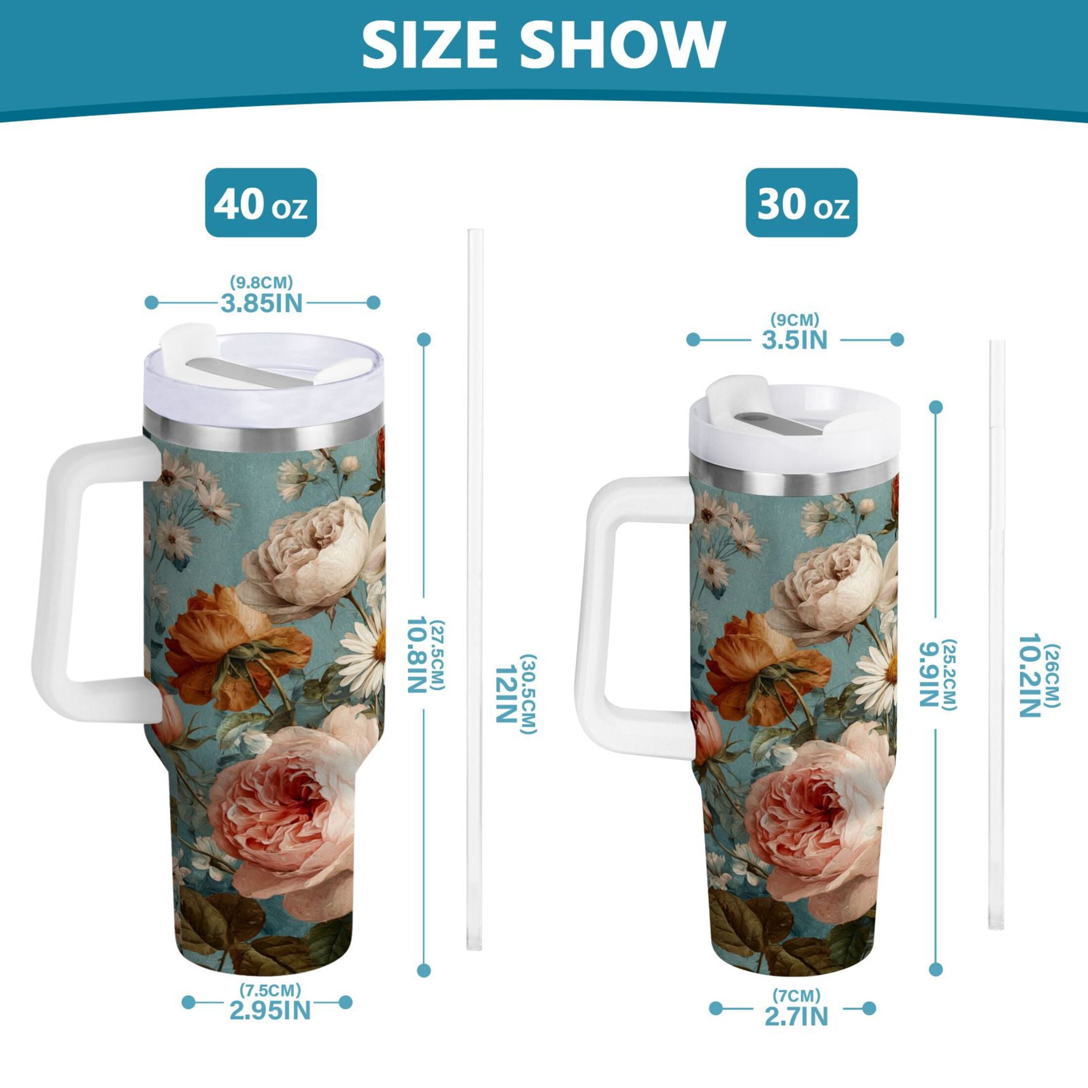 30 oz Insulated Stainless Steel Tumbler Double Wall Stainless Steel Tumbler with 2-Way Drinking Vintage Roses and Peonies - Choice 710