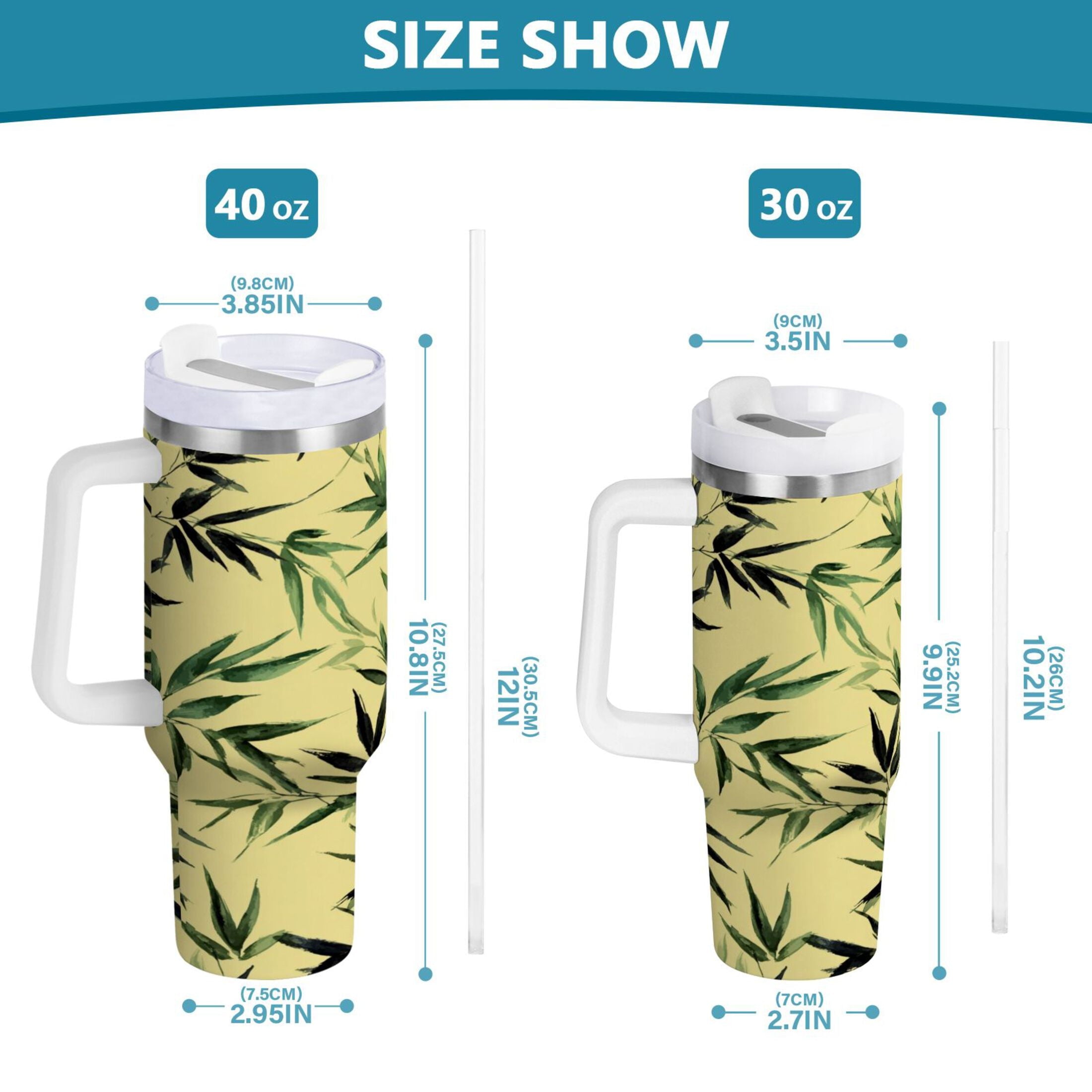 30 oz Insulated Stainless Steel Tumbler Double Wall Stainless Steel Tumbler with 2-Way Drinking Bamboo and Green Leaves - Choice 544