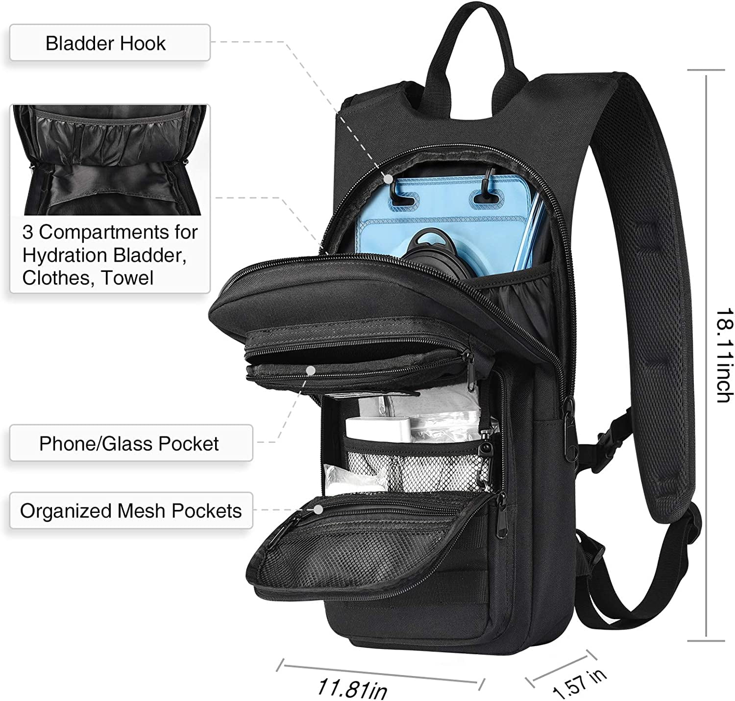 Brightify 17L Hydration Backpack with 3L TPU Water Bladder, Camel Backpack Hydration Pack for Hiking Hunting Climbing Cycling Biking Running, Molle Compatible Water Backpack for Men Women, Black - Choice 468