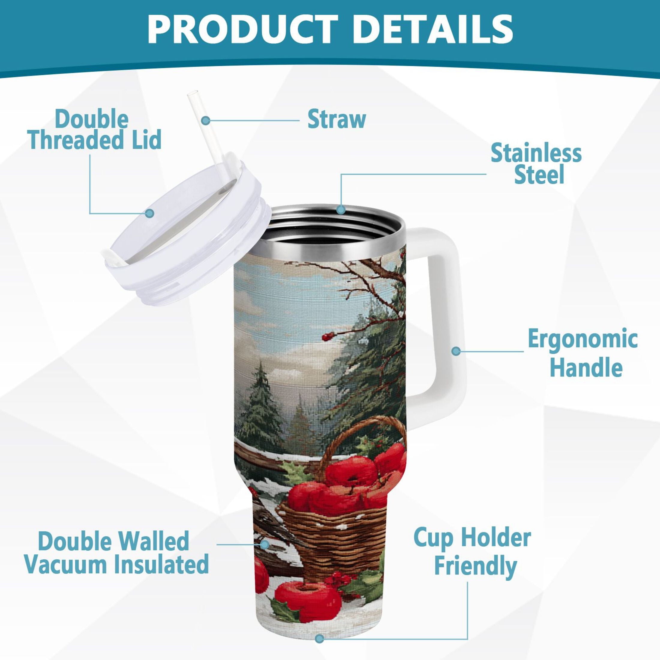 30 oz Insulated Stainless Steel Tumbler Double Wall Stainless Steel Tumbler with 2-Way Drinking Apples and Baskets - Choice 160