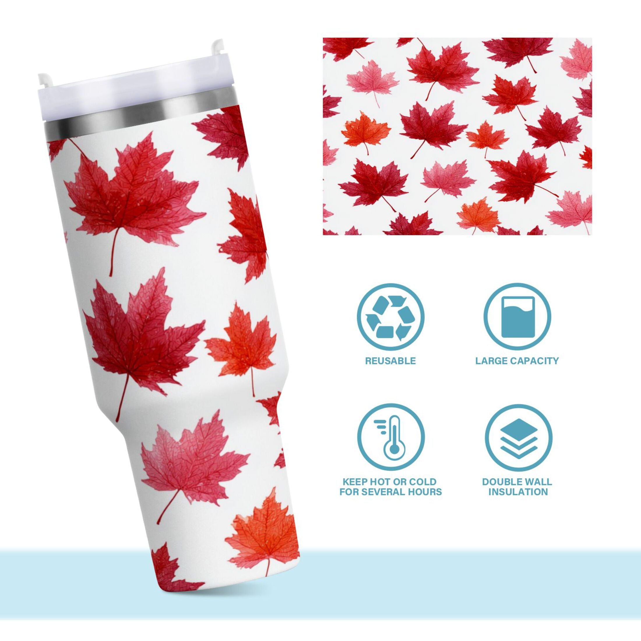 30 oz Insulated Stainless Steel Tumbler Double Wall Stainless Steel Tumbler with 2-Way Drinking Vibrant Red Maple Leaves - Choice 202